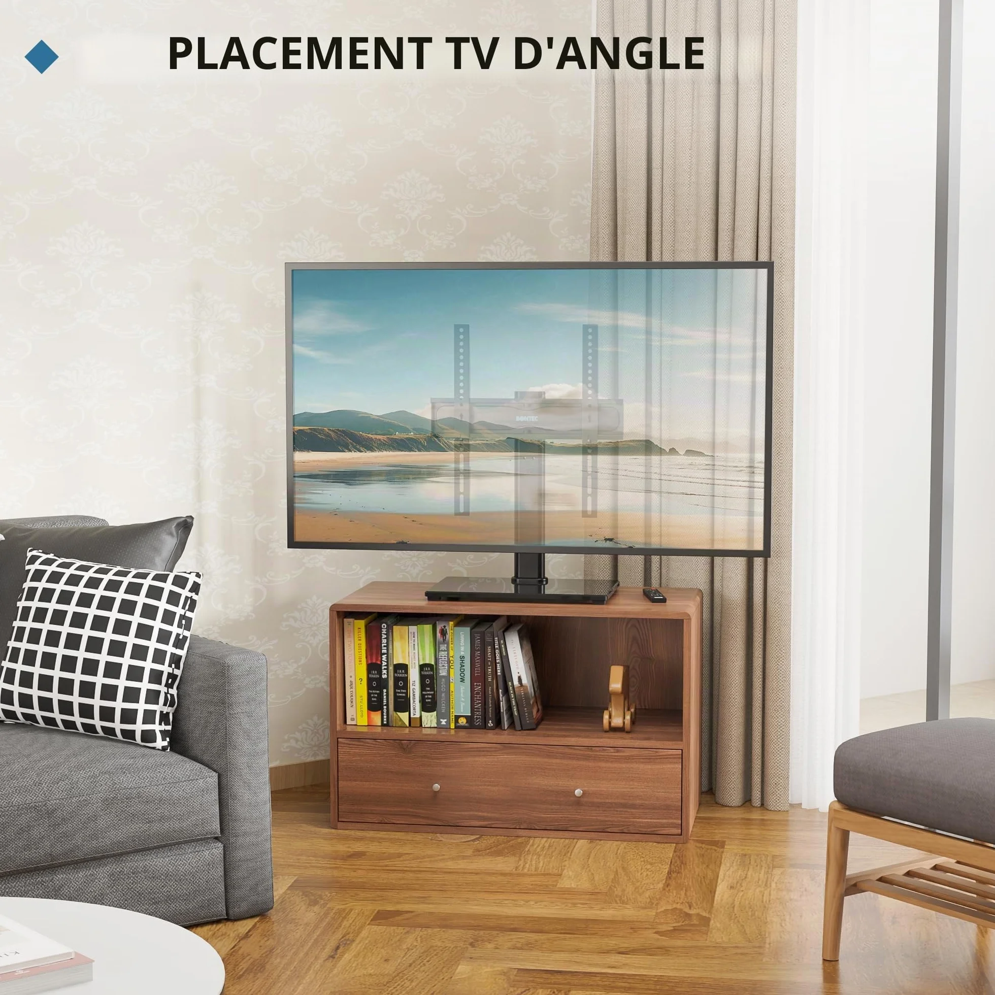 BONTEC Support TV sur Pied TV Universel Pivotant pour Télévisions de 24 à 60 Pouces LCD/LED/Plasma Hauteur Réglable avec Base en Verre Trempé de 8 mm - Charge Maximal 45kg Max VESA 400x400 mm
