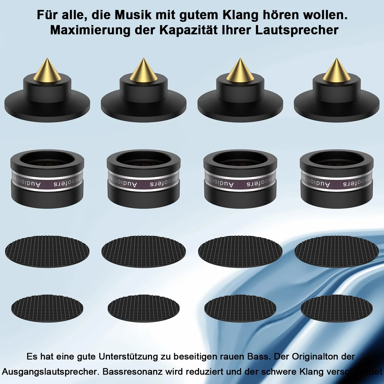 Lot de 4 haut-parleurs en aluminium - Pieds - Réglable en hauteur avec rondelle - Absorbeur de chocs - Pour haut-parleurs, appareils Hi-Fi, caisson de basses et CD DAC - Noir