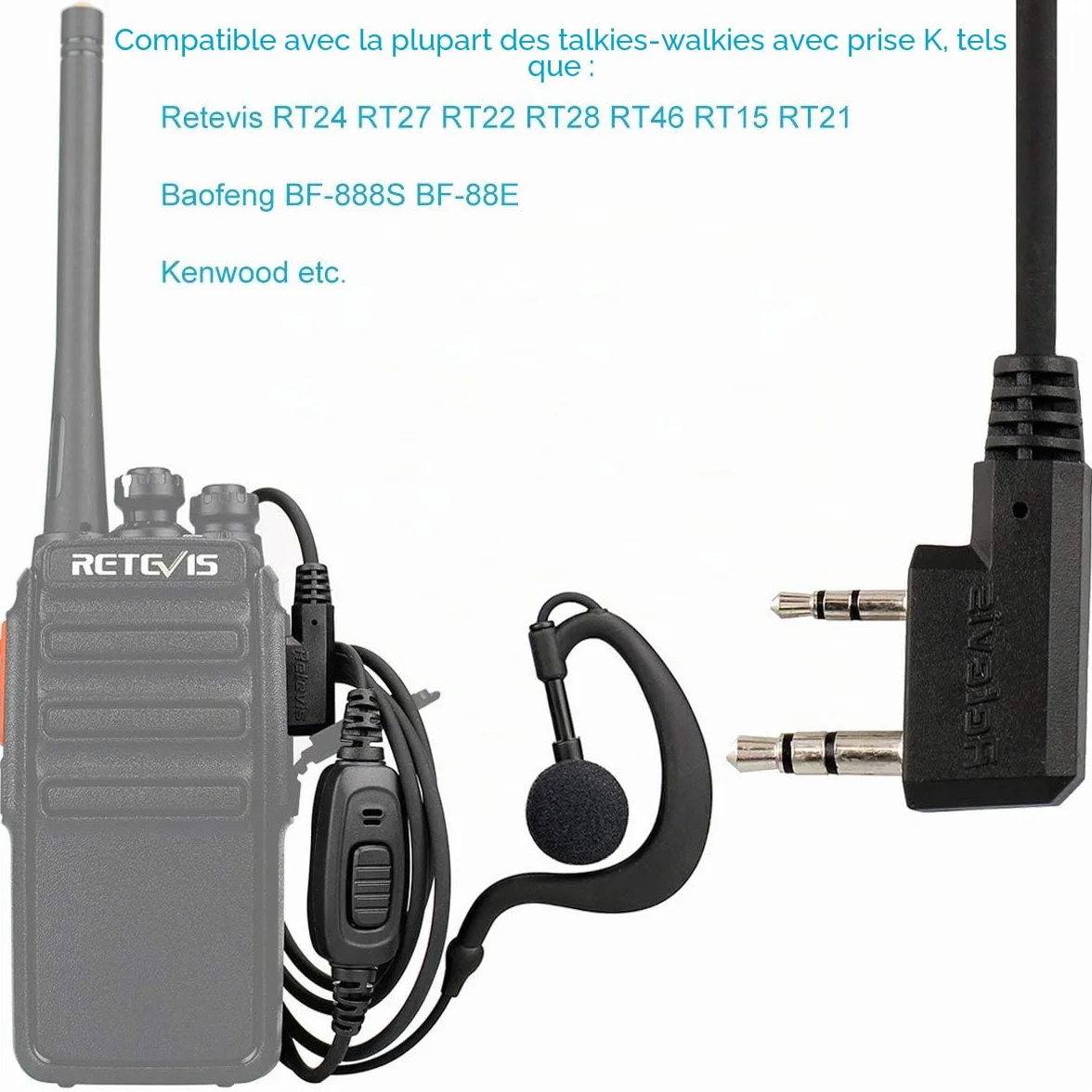 Retevis Talkie Walkie Écouteur, Forme G Casque à Crochet d'oreille, Oreillette Compatible avec BaoFeng JUCJET Kenwood RT24 RT27 RT668 RT619 Convient pour la Sécurité, Les Concours etc(2 Pcs)