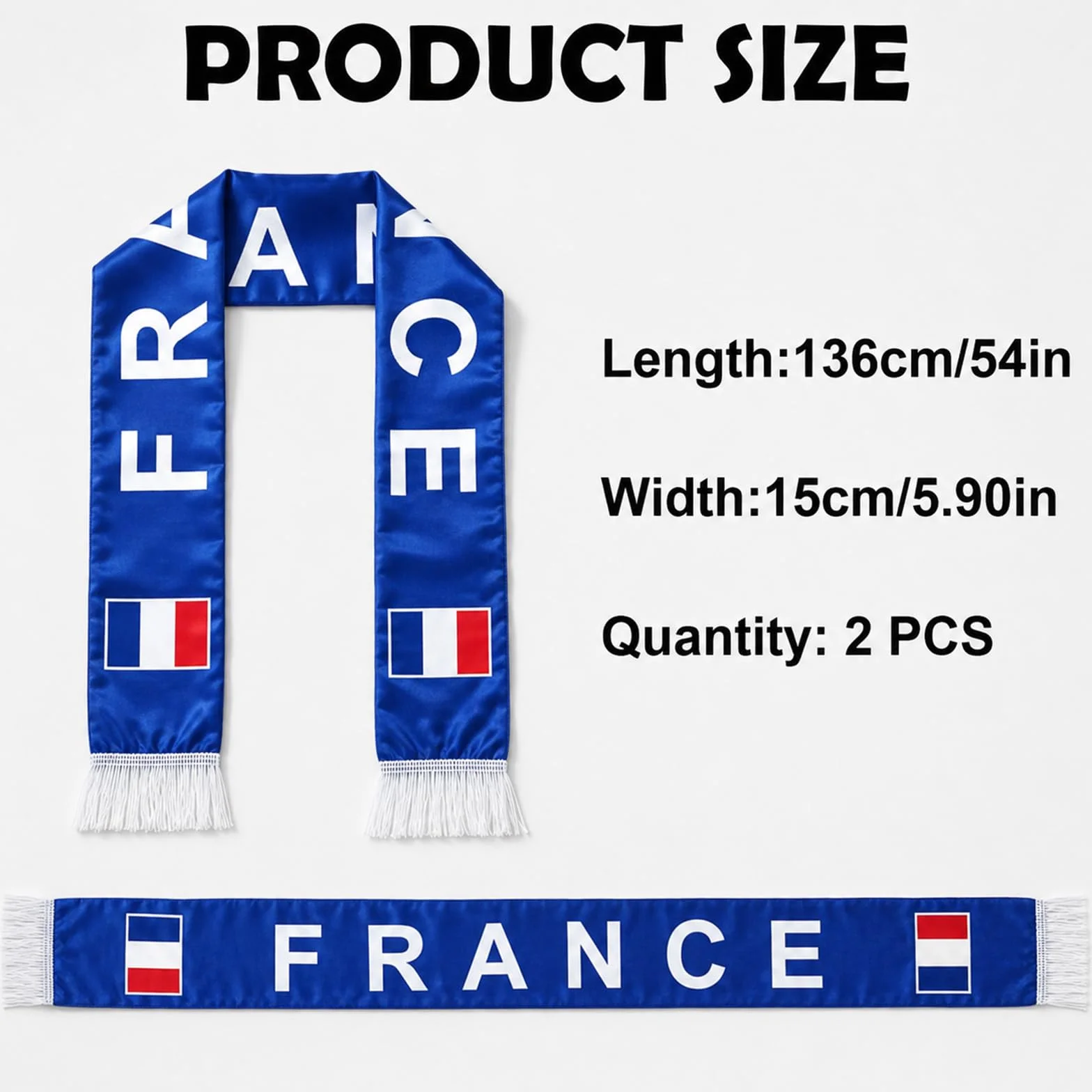 Écharpe de Supporter France 136x15 cm - Écharpe de Foot Couleurs Bleu/Blanc - Accessoire Fan Coupe du Monde 2026