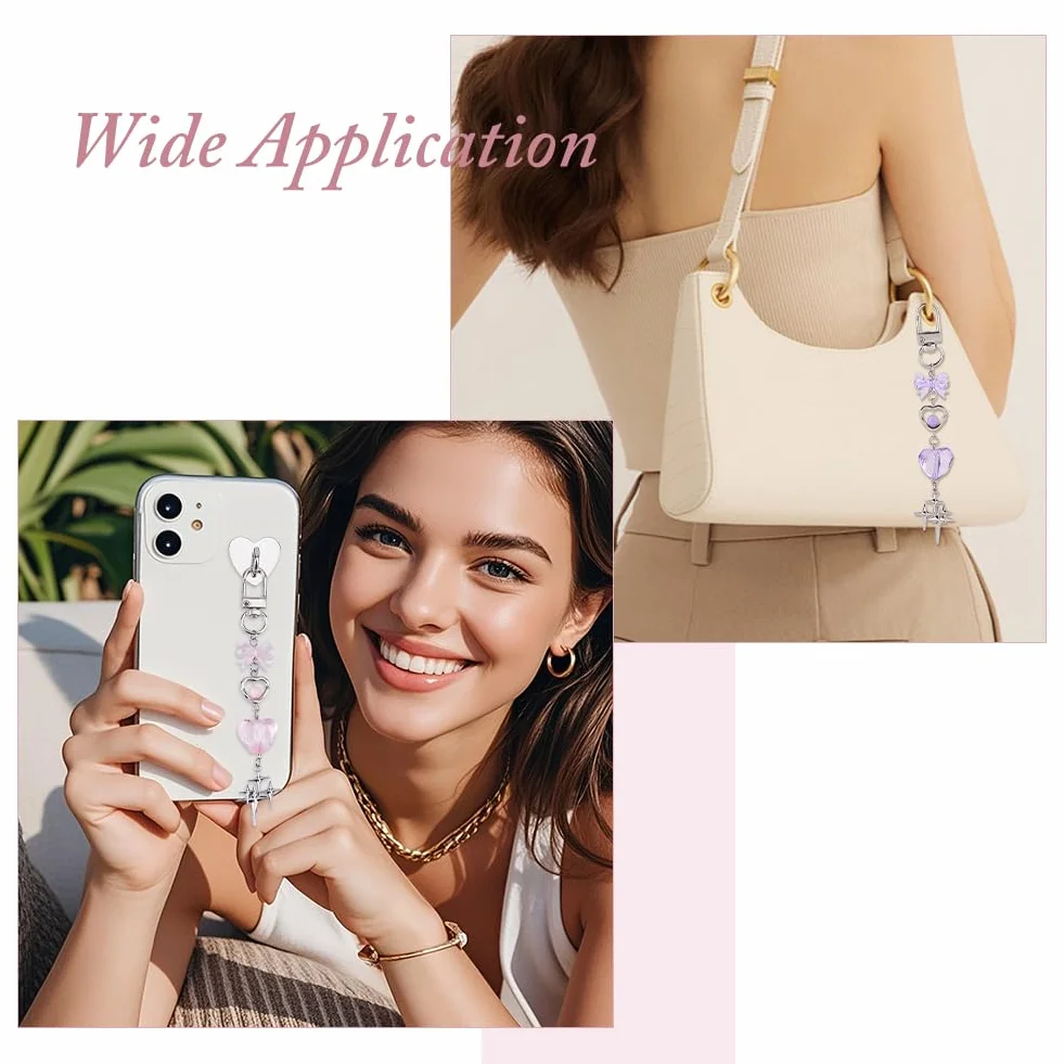 SUPERFINDINGS 4 Pièces Charme de Téléphone en Acrylique Chaîne de 12,5 cm Breloques Mignonnes pour Kindle Cœur Noeud Papillon Étoile Pendentif de Téléphone avec Fermoir à Pivot en Alliage