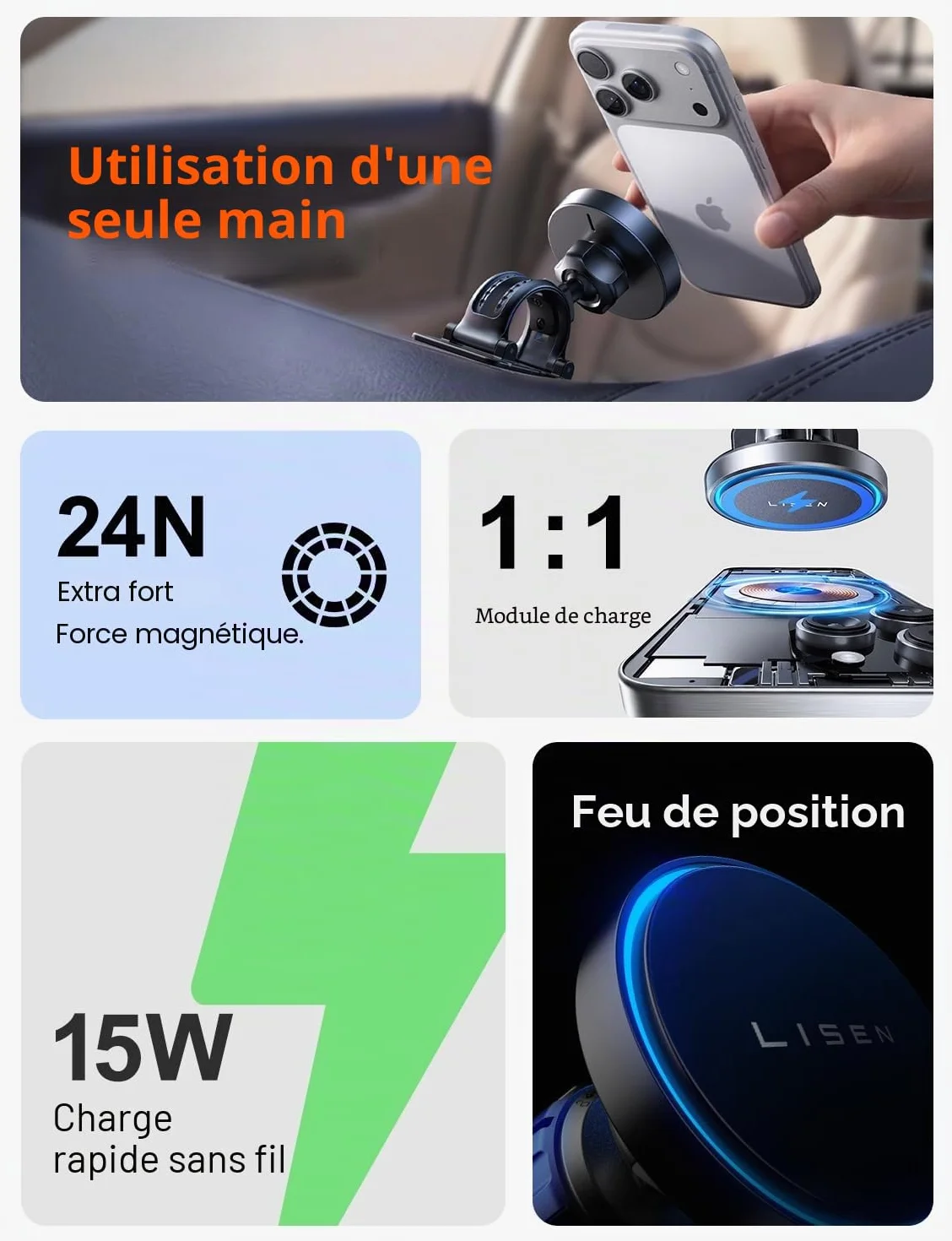 LISEN 15W Pro Support Téléphone Voiture Magsafe Induction Chargeur -[24X N52 Aimants] Support Telephone Voiture Magnetique, 360°Rotation Porte Telephone Voiture Aimanté pour iPhone 17 Pro Max 16-12