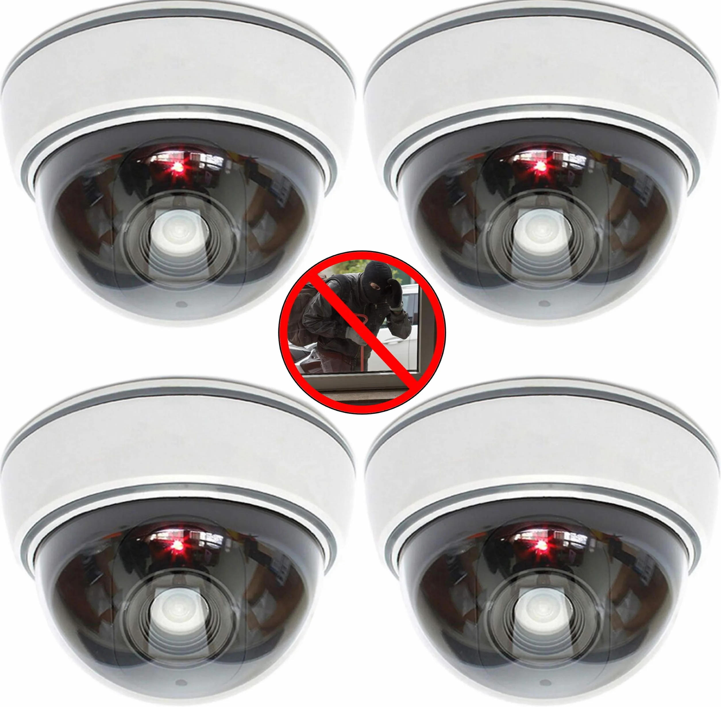 O&W Security Lot de 4 caméras dôme factices Objectif + LED Clignotante, 25 LED IR (Effet visuel), étanches, Ø 9,5 cm/H 6,8 cm, intérieur/extérieur, Montage Inclus.