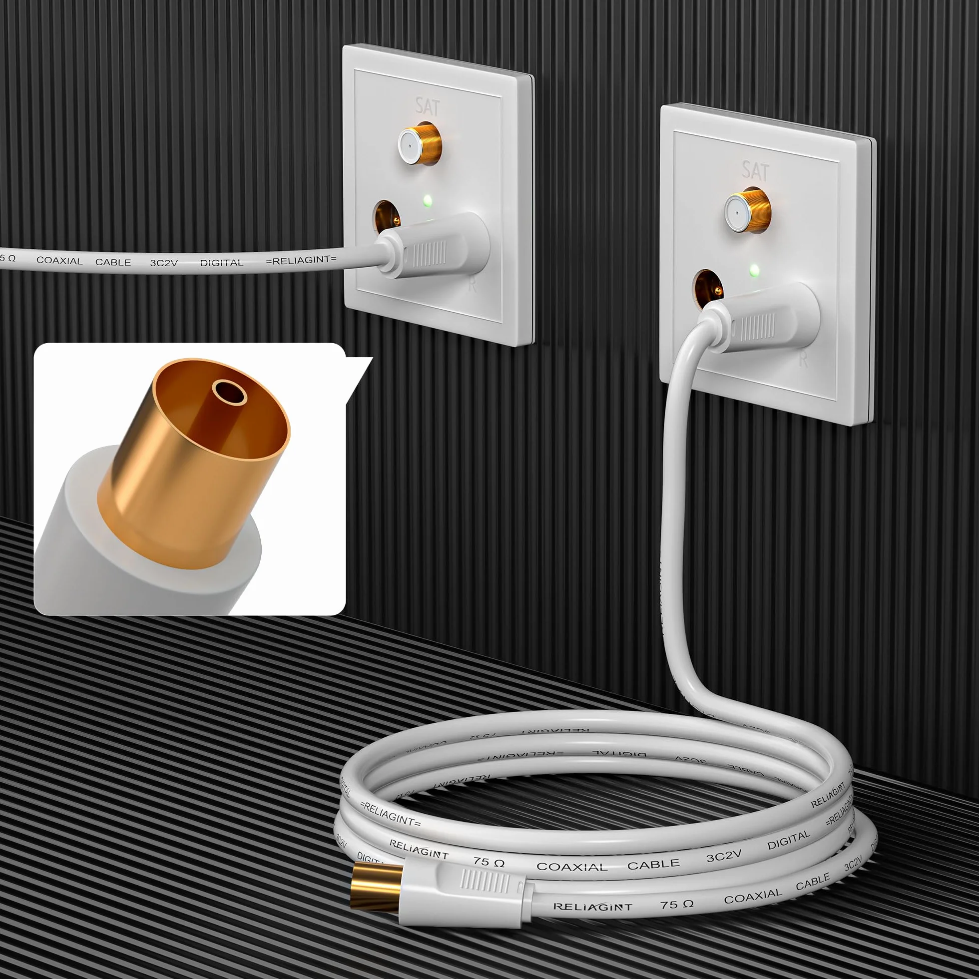RL Flex Câble antenne TV coaxial 1m, rallonge mâle/femelle 75 Ohm, conducteur en cuivre pur, pour TNT, TV câble et satellite (DVB-T/T2/C/S/S2), Blanc