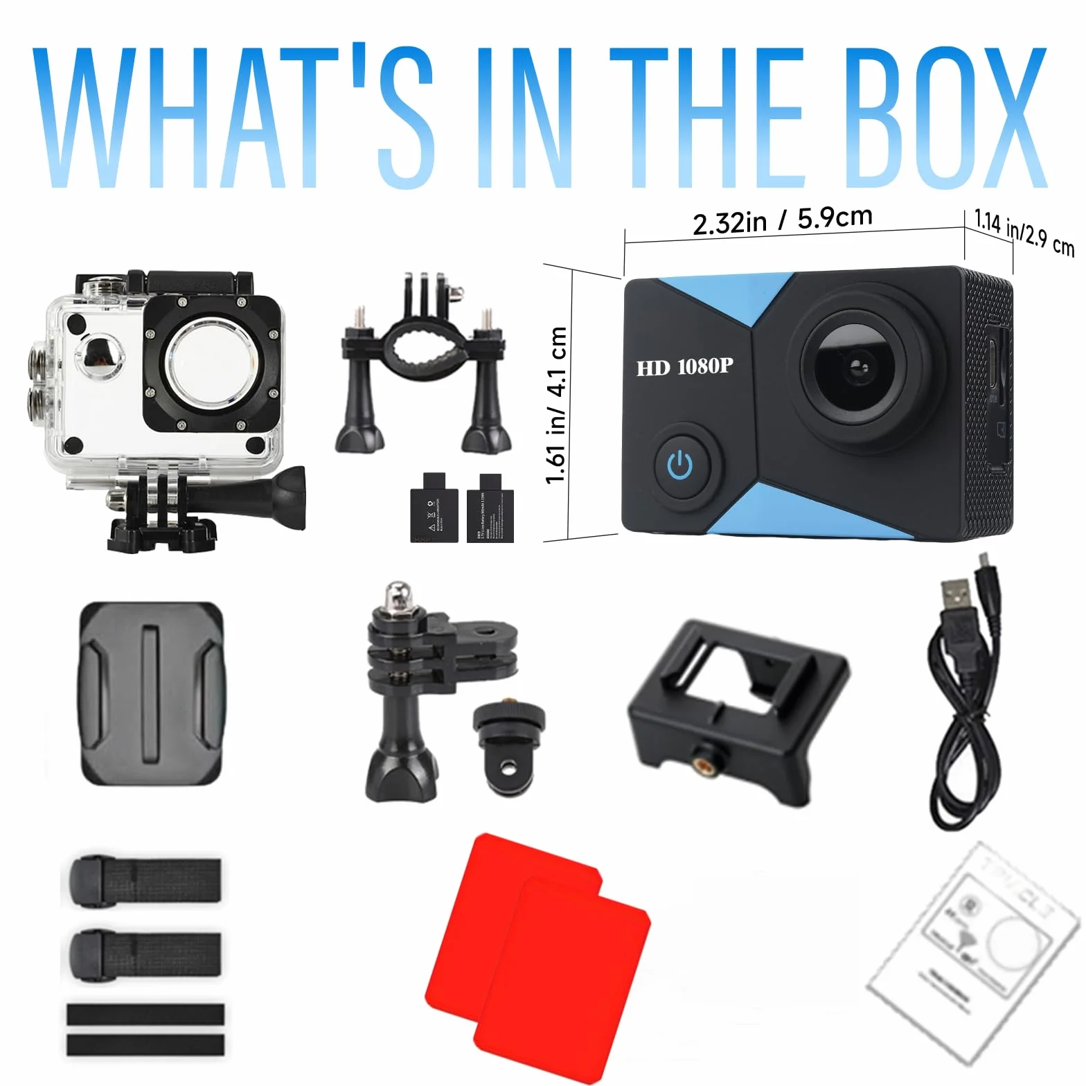 Caméra Sport 1080P 12MP 2" Écran LCD Étanche 30M avec Batteries et Accessoires Vélo