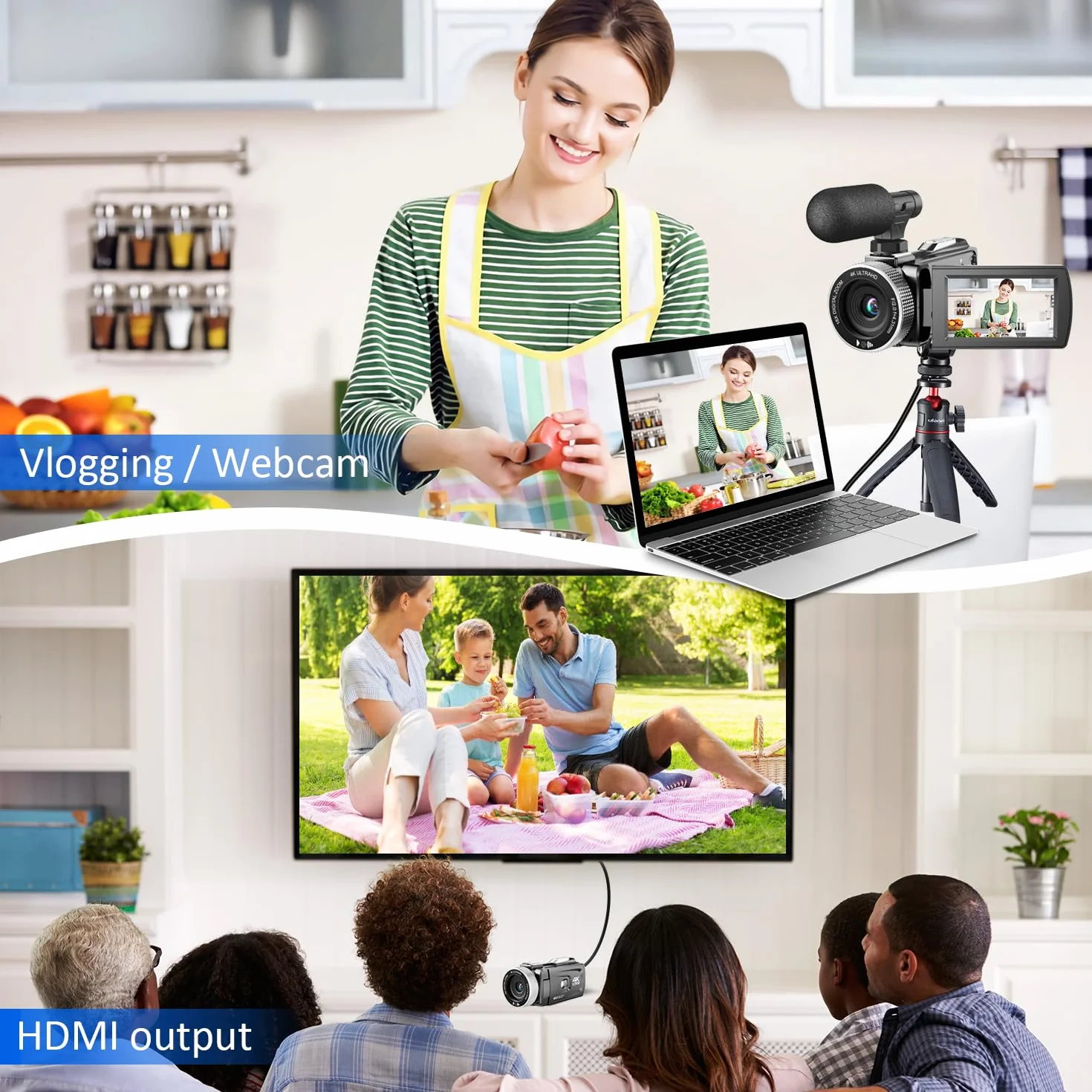 Caméra vidéo 4K 48MP Photo/enregistreur vidéo 4K 60FPS, caméscope numérique pour Youtube Vlogging avec Microphone sans Fil/Carte SD/2 Piles/télécommande