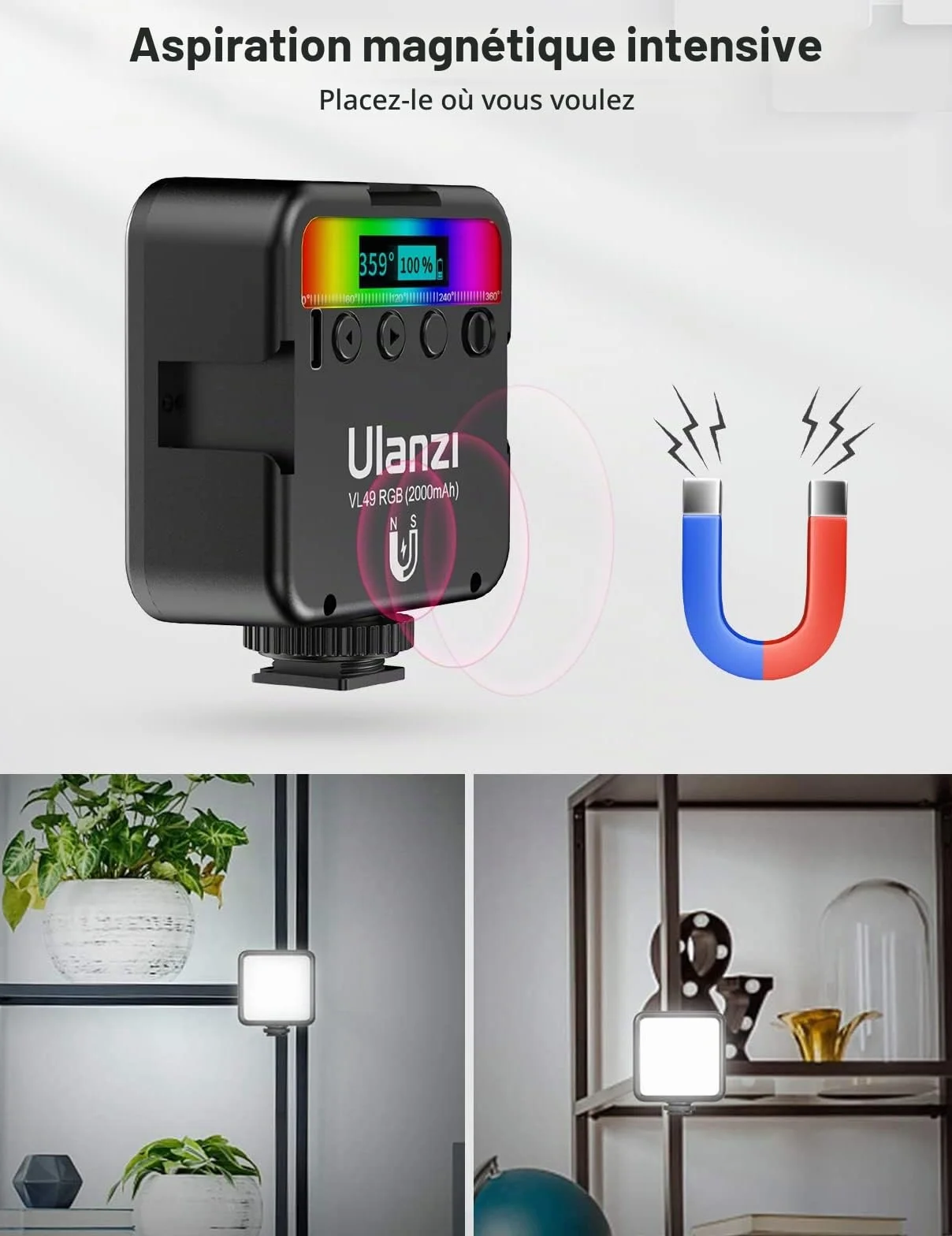 Lumiere Photo, ULANZI VL49 LED Photo RGB avec Batterie Intégrée Charge, RGB Full Color Mode, éclairage Lampe Vidéo Portable 2500K-9500K Couleur Température Réglable pour la Photographie (VL49)
