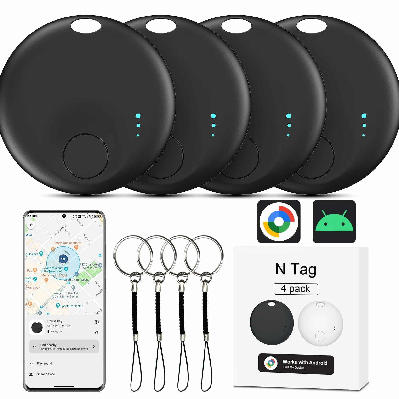 Air Tracker Android, 4 Traceur Localisateur D’Objets Bluetooth, Smart Tracker Tag Fonctionne avec l’app Google Localiser (Uniquement Android), Smart Traceur Tag pour clés, Bagages