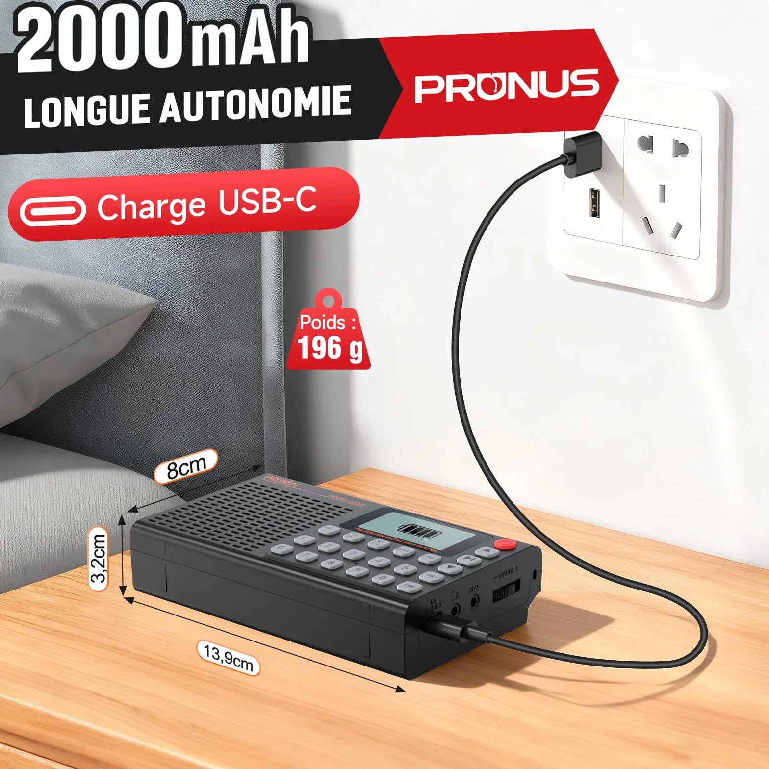 PRUNUS J-168 Petite Radio Numérique, Mini Radio Portable Rechargeable 2000 mAh, 99 Préréglages, Réveil, Bluetooth
