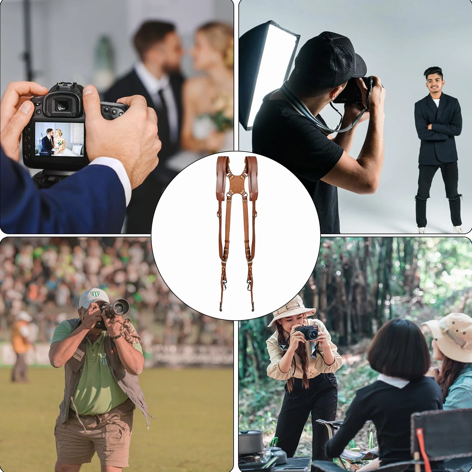 Harnais Appareil Photo Professionnel, Longueur Ajustable Bandoulière Double pour Appareil Photo, Cuir Sangle de Sac à Dos Deux Caméras DSLR/SLR, Unisexe Photographe