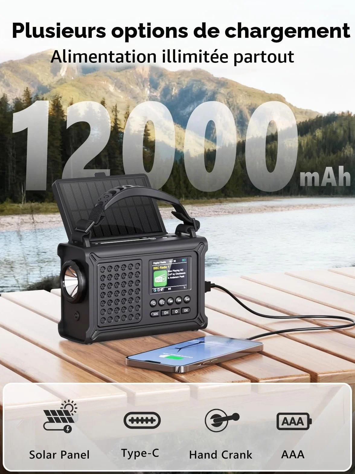 ROCAM Radio d'urgence Dab+/FM avec Bluetooth, Radio Numérique Portable 12000mAh avec Panneau Solaire 8500mm² & Manivelle 650mA, Écran Couleur 2,4", 80 Stations, SOS, Lampe LED, USB, IPX6 pour Camping