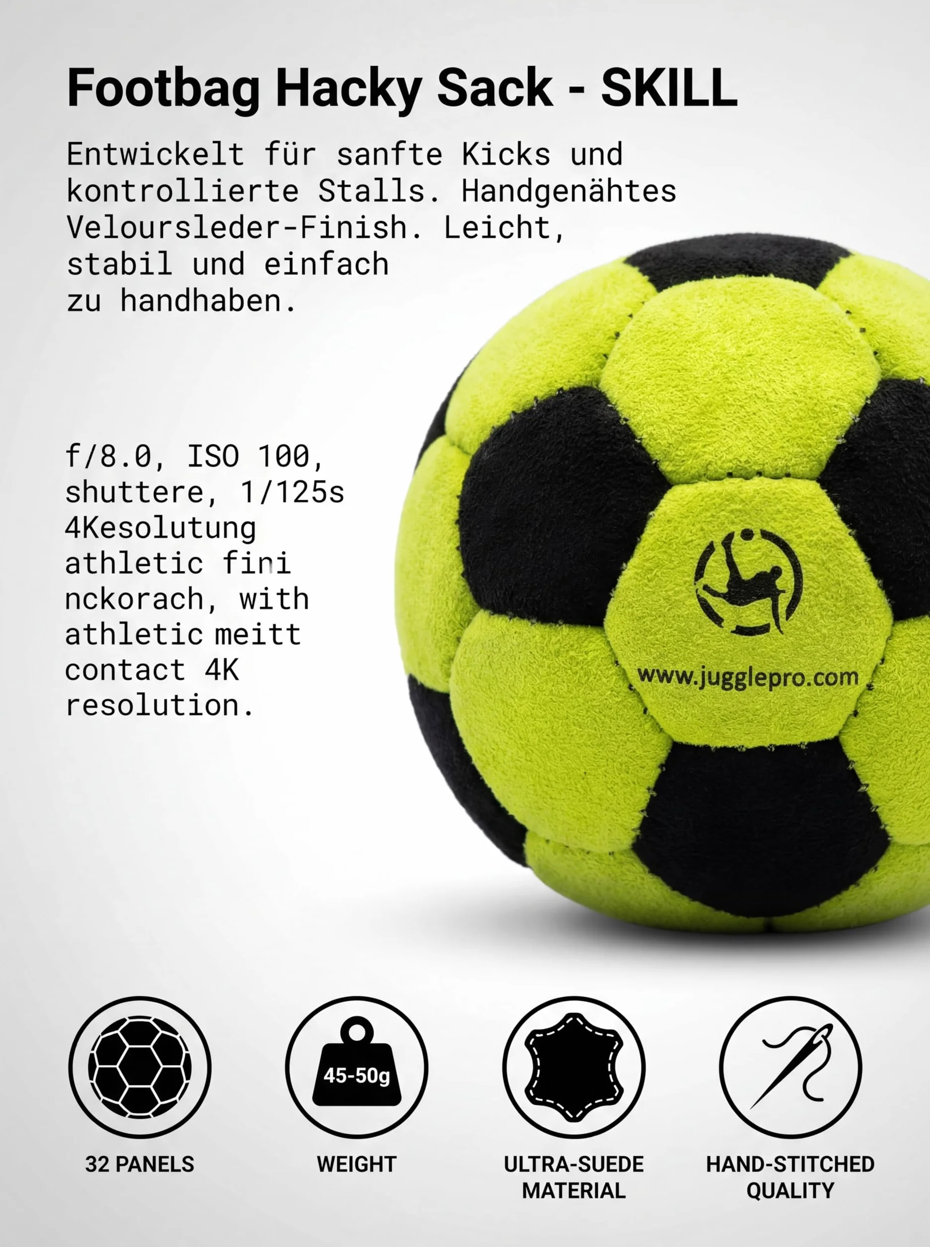 Footbag Hacky Sack 32 Panneaux Ultra Suede Remplie EPS Cousue à la Main