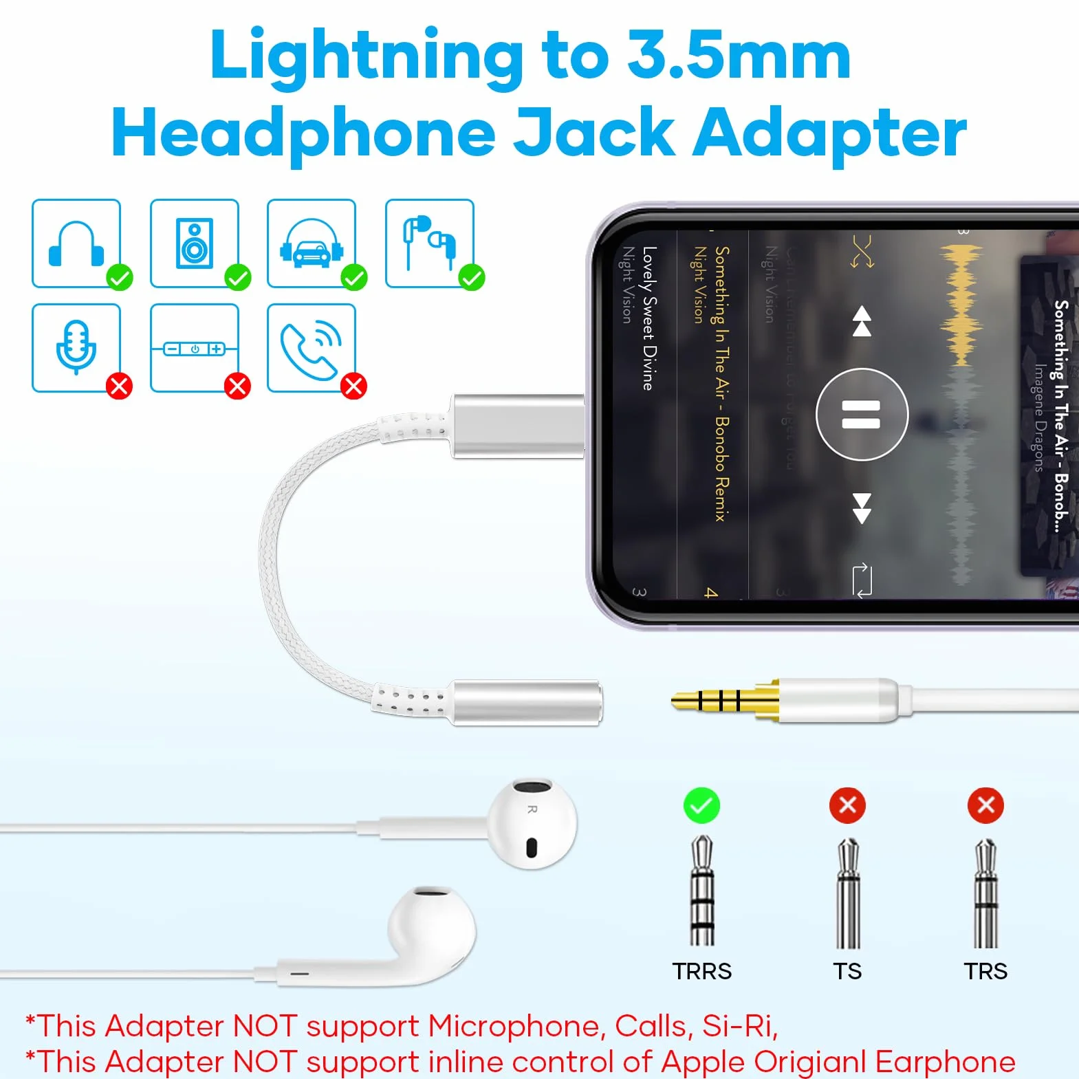 Adaptateur Lightning Jack 3,5 mm MFi Blanc Argenté Compatible iPhone 14/13/12/11/X/8/Pad