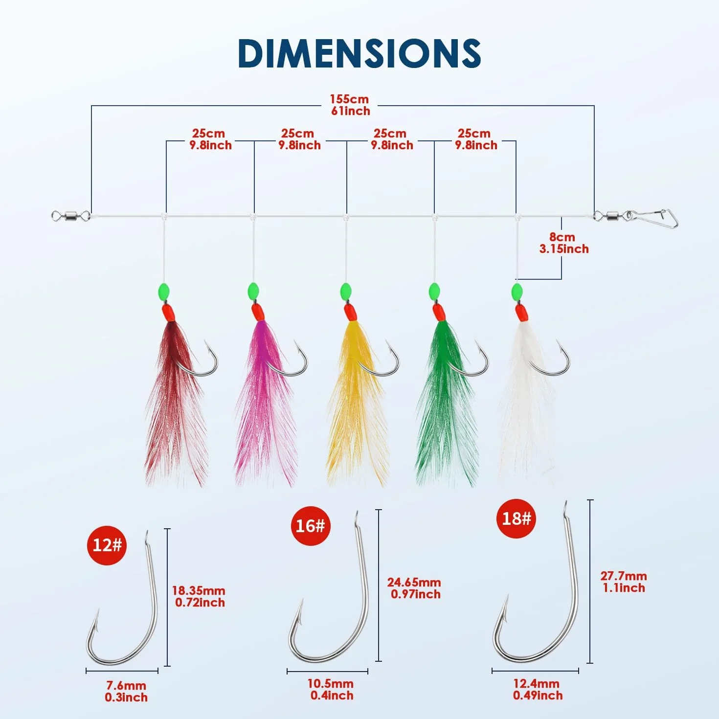 Lot de 6 Appâts Pré-assemblés pour Maquereau, 30 Hameçons Imitation Insecte, 5 Couleurs Fluorescentes