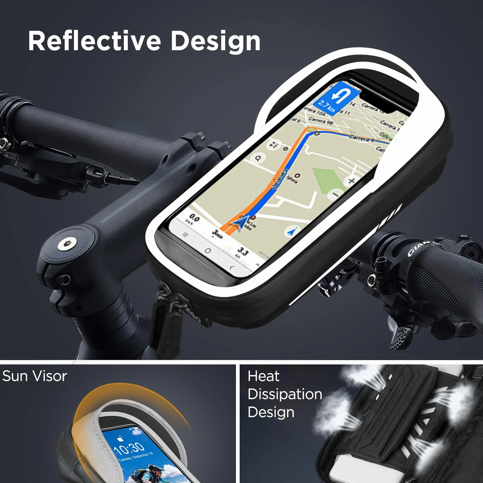 Porte Téléphone Vélo Etanche Réfléchissant avec Housse de Pluie Rotation 360, Sacoche Guidon pour Smartphone 7 Pouces