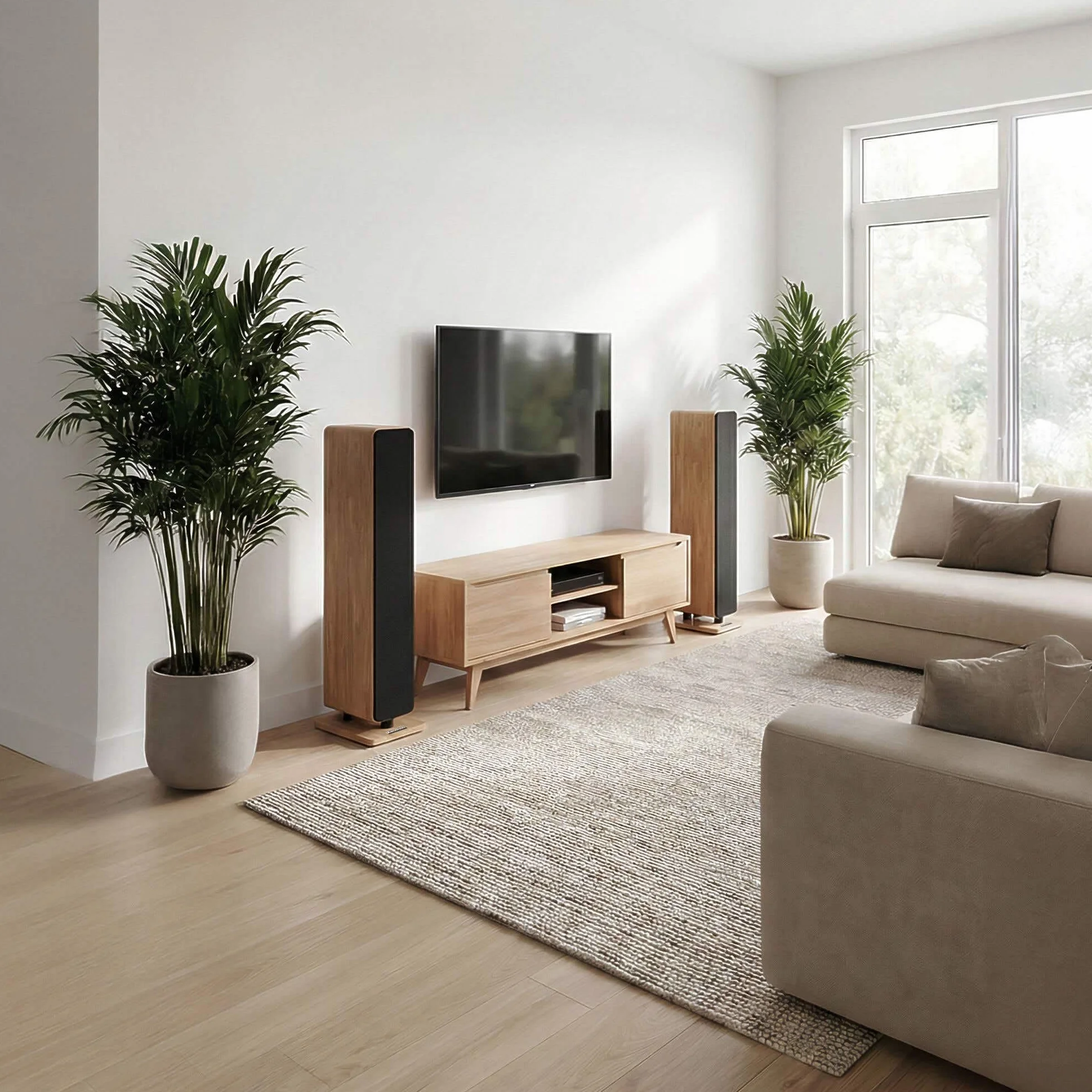Audizio ARCO Tour de Son Hi-FI Stéréo 320W Chêne Clair - Pack Enceintes Colonnes Active + Passive avec BT, USB et Optique Tour de Son Design pour Salon, TV et Musique