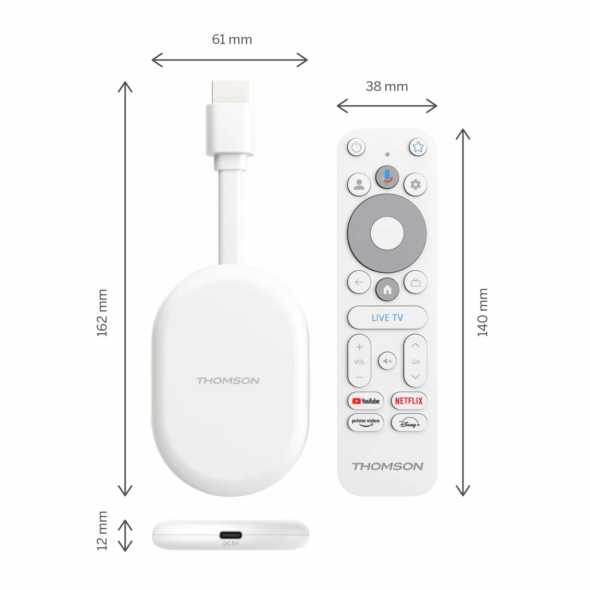 Thomson Go Cast 152 Dongle de Streaming, 4K UHD Google TV, Commande Vocale, Google Cast, Dolby Atmos, Dolby Digital+, HDR10, Portable, 2 Go RAM, 32 Go Stockage – Blanc