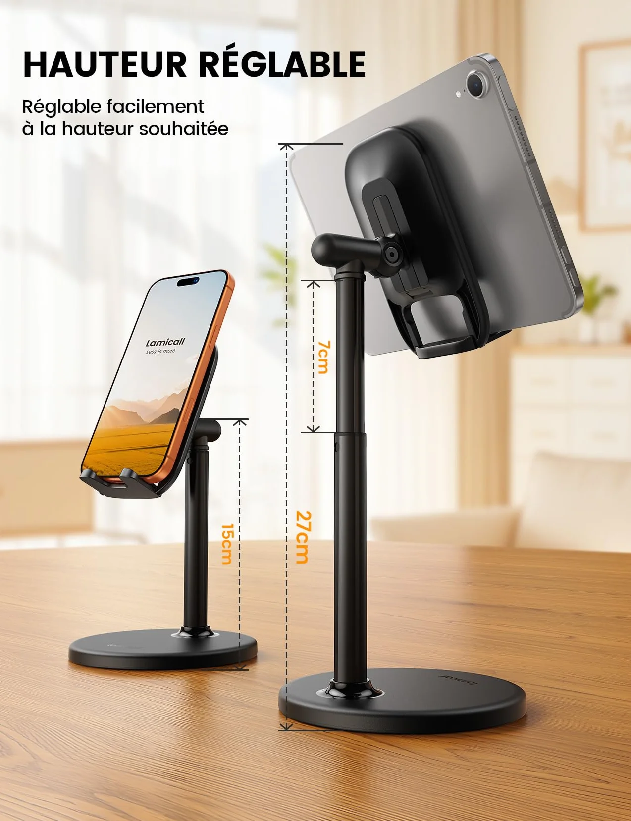 Lamicall Support Téléphone Bureau Réglable, Porte Téléphone avec Base Métallique Stable pour iPhone Android Smartphone Tablette