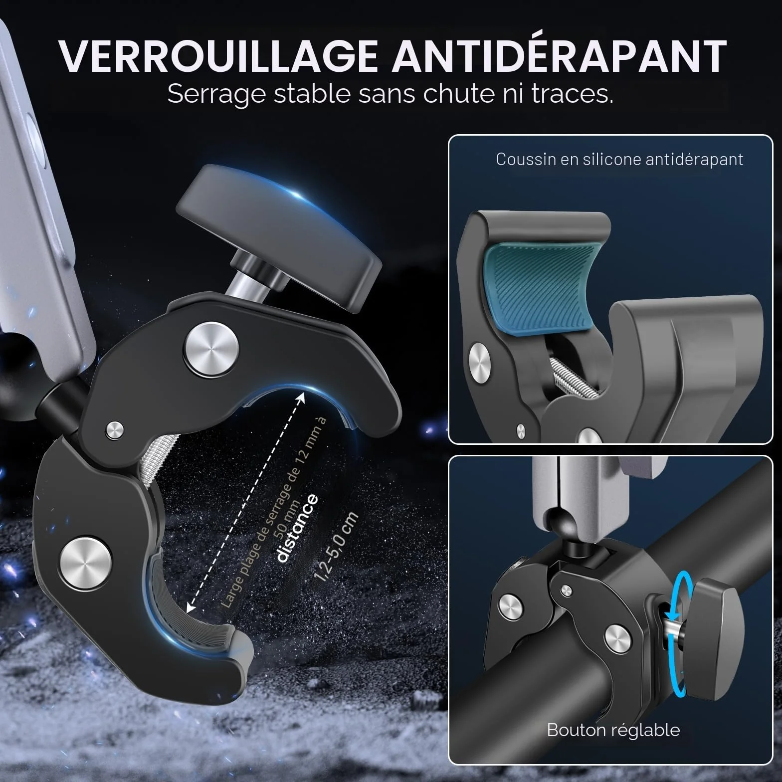 REYGEAK Support de caméra avec double tête sphérique à 360° avec vis 1/4, support de guidon de vélo avec double griffe pour GoPro Max Hero 13/12/11/10/9