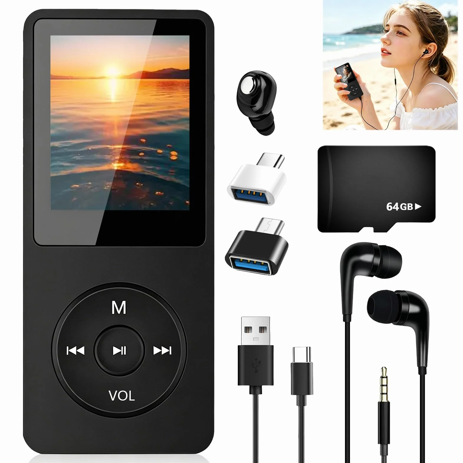Lecteur MP3 Bluetooth 5.3 64Go avec Haut-Parleur, Radio FM, Écran 1,8", Autonomie 70H, Léger