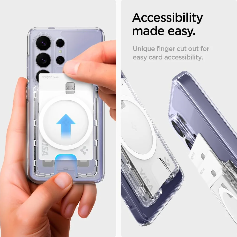 Spigen Ultra Hybrid MagFit+ Porte-Cartes magnétique 3 Cartes Anneau métallique Compatible Samsung Galaxy S26 S25 Edge Z Fold 7 Transparent