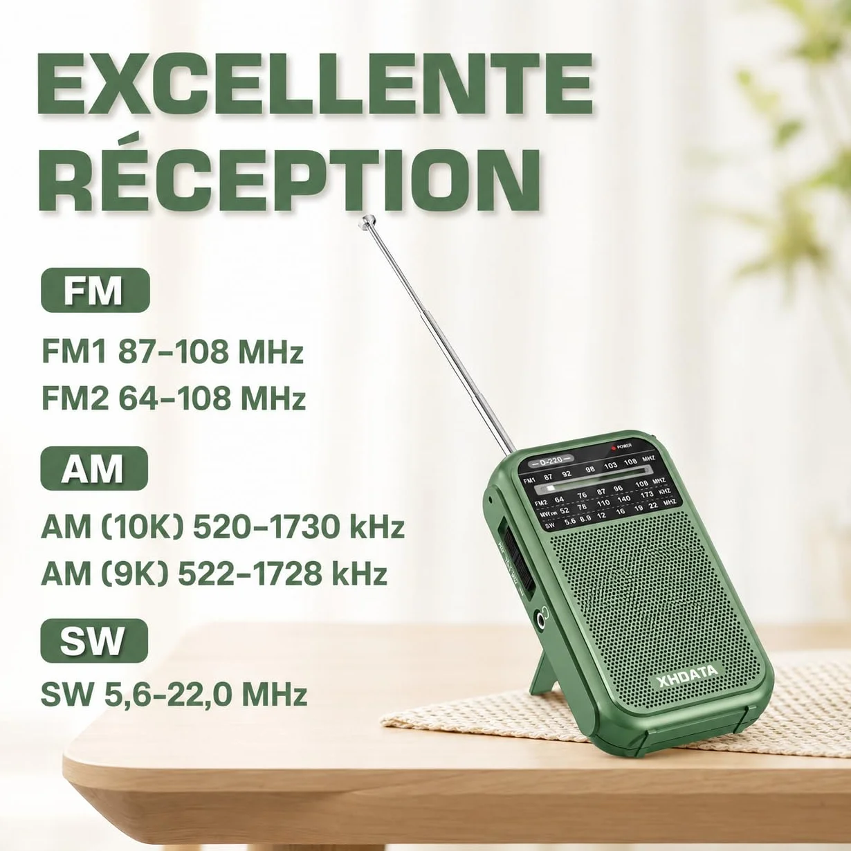 XHDATA D220 Radio Portable FM/AM/SW, Mini Radio à Piles Survie (AA) avec Réception Haute Performance, TransistorRadio pour Cadeau, Famille, Séniors(Vert)