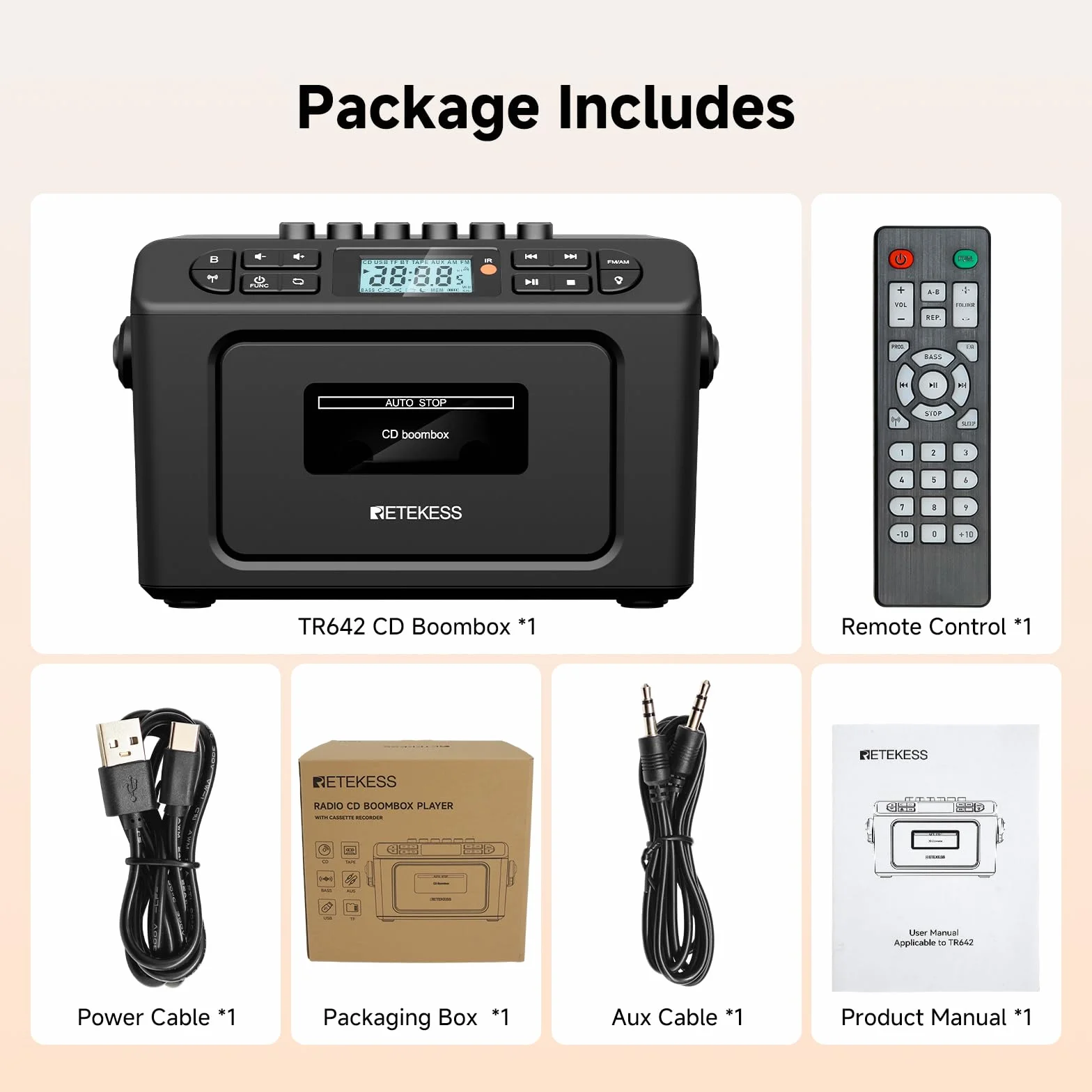 Retekess TR642 Lecteur CD Portable Radio AM FM Cassette Batterie 5000 mAh Boombox Stéréo