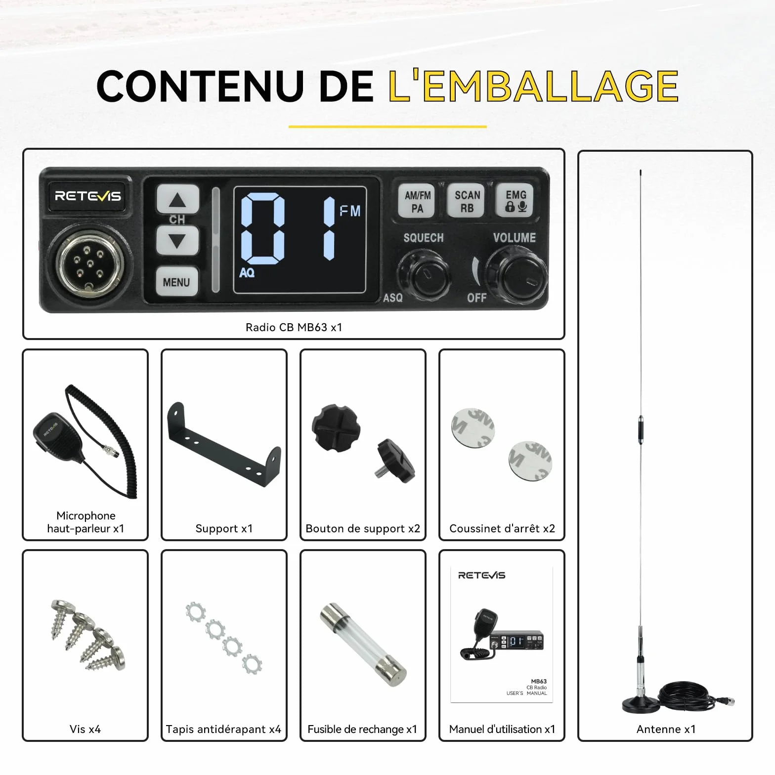 Retevis MB63 Radio CB Mobile Kit Complet avec Antenne AM/FM/PA Écran LCD VOX SQ/ASQ EMG CH9/19 Noir