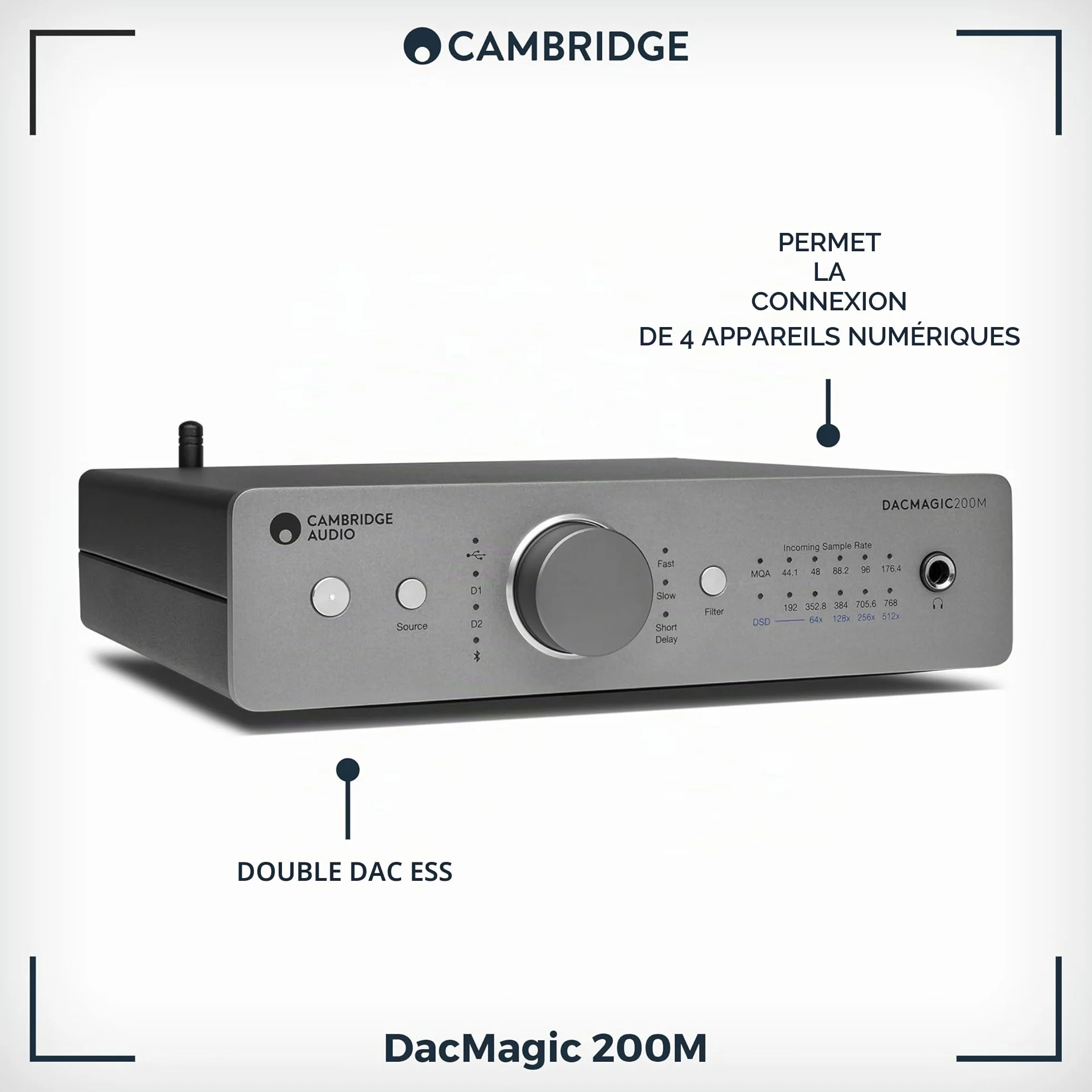 Cambridge Audio DacMagic 200M MQA HiFi DAC et amplificateur de casque avec Bluetooth - Support PC/MAC avec connexion USB - Gérer des fichiers numériques jusqu'à 24/768 ou DSD512 (gris lunaire)