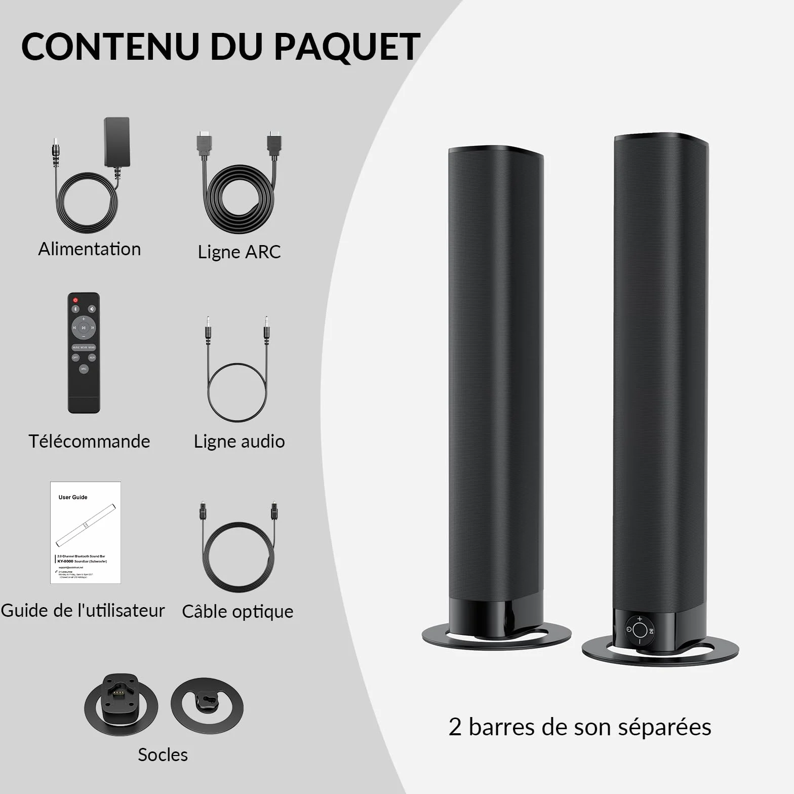 GarageRock Barre de Son TV 2 en 1 Divisible, Haut-parleurs Stéréo avec 3 Modes d'Égalisation, Arc/Opt/AUX