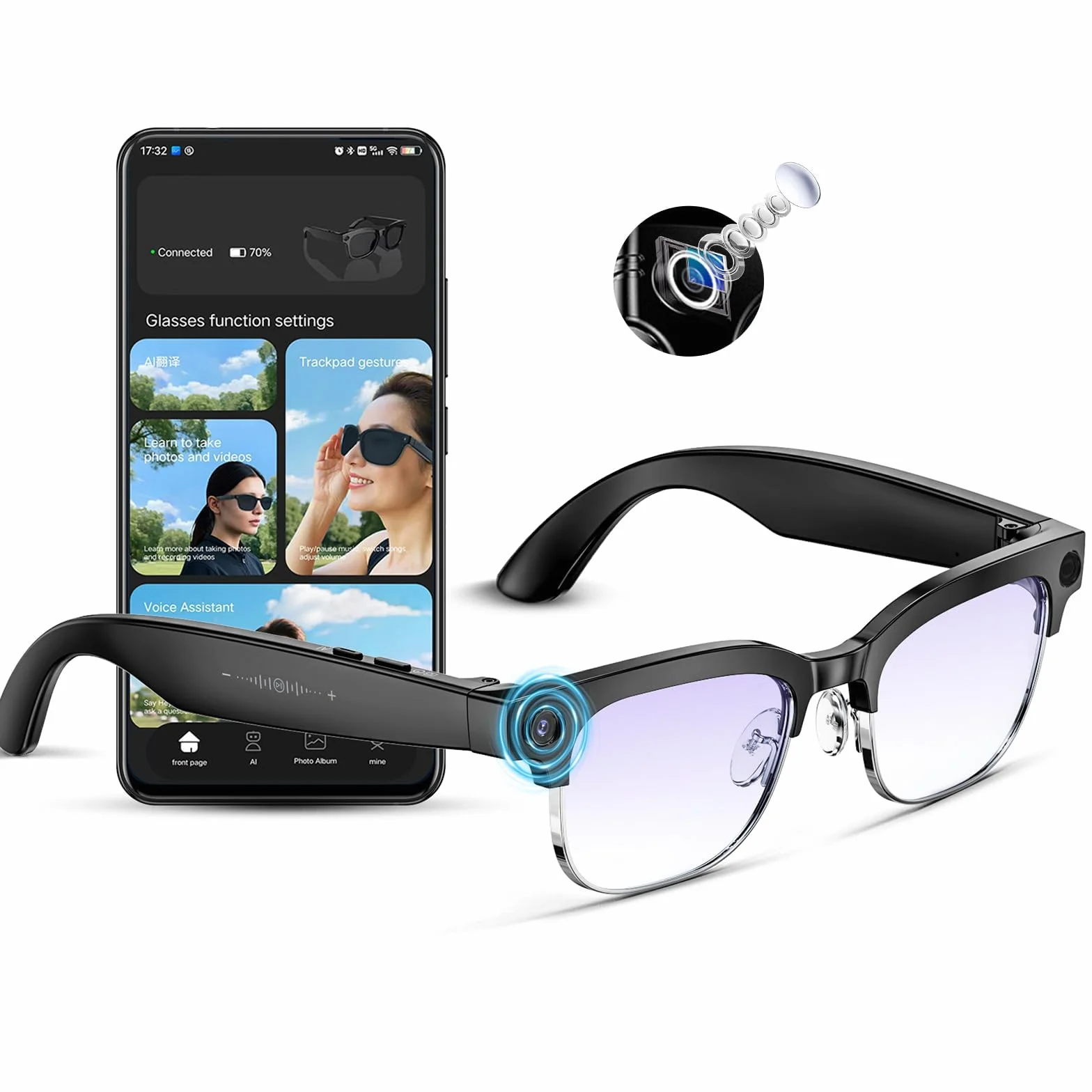 Lunettes intelligentes AI — Caméra 8MP anti-vibration, 290mAh, appel BT, 4K HD (enregistrement vidéo + double mic), IP66, interprétation simultanée/identification GPT (verres anti-lueurs bleues)