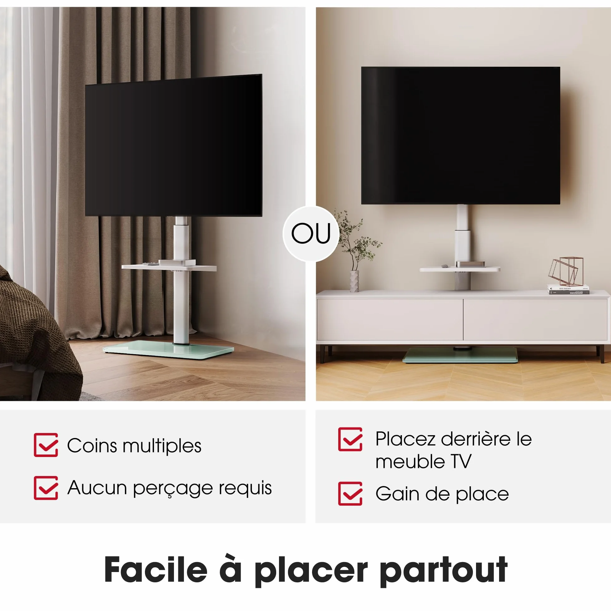 AOKCOS Support TV sur Pied pour TV de 32-70 Pouces,Pied TV avec Étagère Réglable en Hauteur Pivotant 60° et Inclinable 12°,Max. VESA 400x400 mm Max. Capacité 40 KG