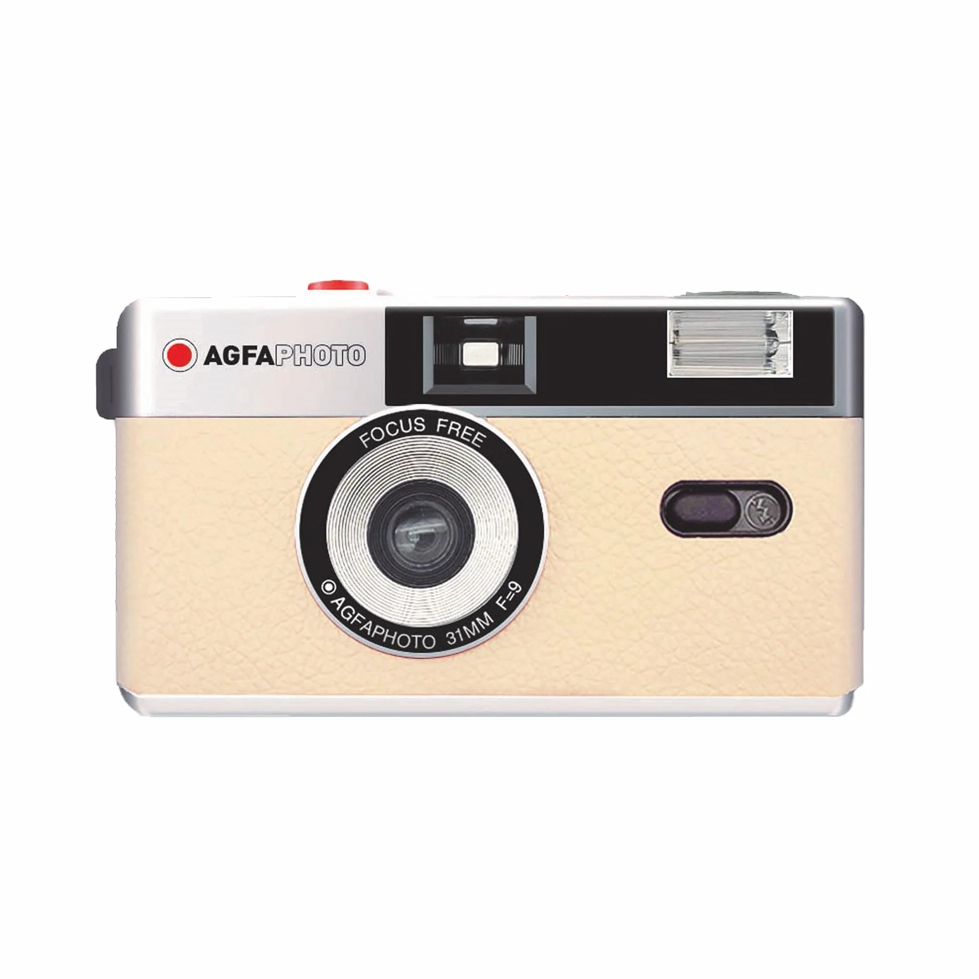 AGFAPHOTO - Appareil Photo Argentique 35mm – Objectif 31 mm F9, Flash Intégré, Mise au Point Fixe, Compatible Pellicules ISO 200/400/800 – Étui et Dragonne Inclus - Beige