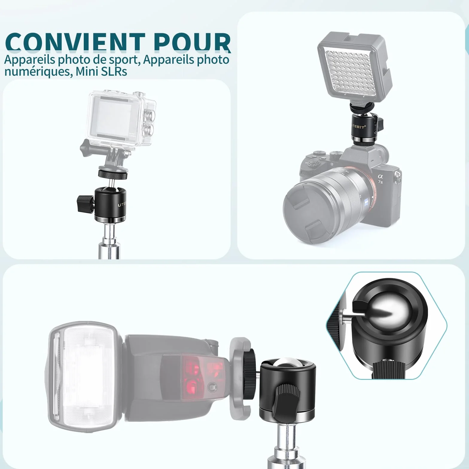 UTEBIT Mini Rotule Photo, Rotule de Fixation Pivotante 360 Noir pour Appareil Photo/Micro/Flash, Adaptateur Support pour Monopode, Trepied