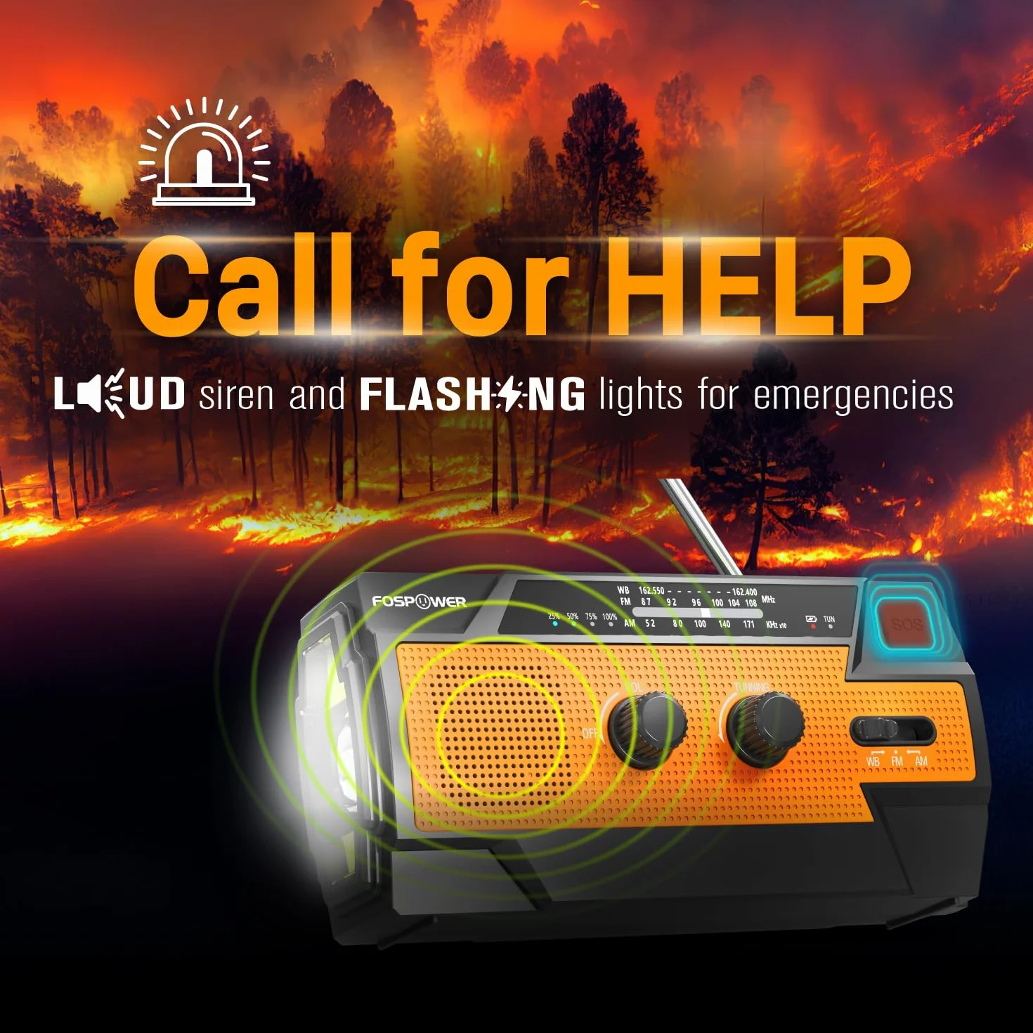 FosPower Radio d'urgence Météo 4000mAh A3 Solaire Manivelle Piles AM/FM Lampe LED Alarme SOS Orange