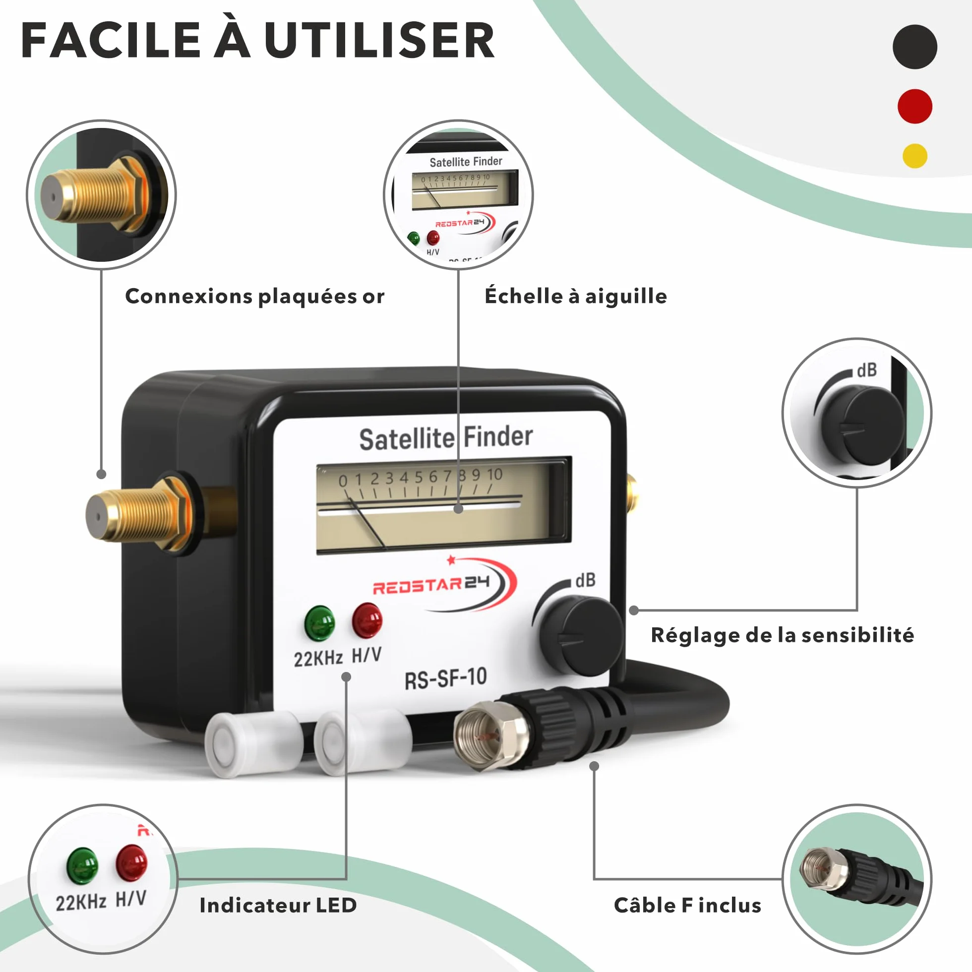 RedStar24 Pointeur Satellite Détecteur de Signal Numérique Satfinder avec Signal Sonore Câble F Inclus