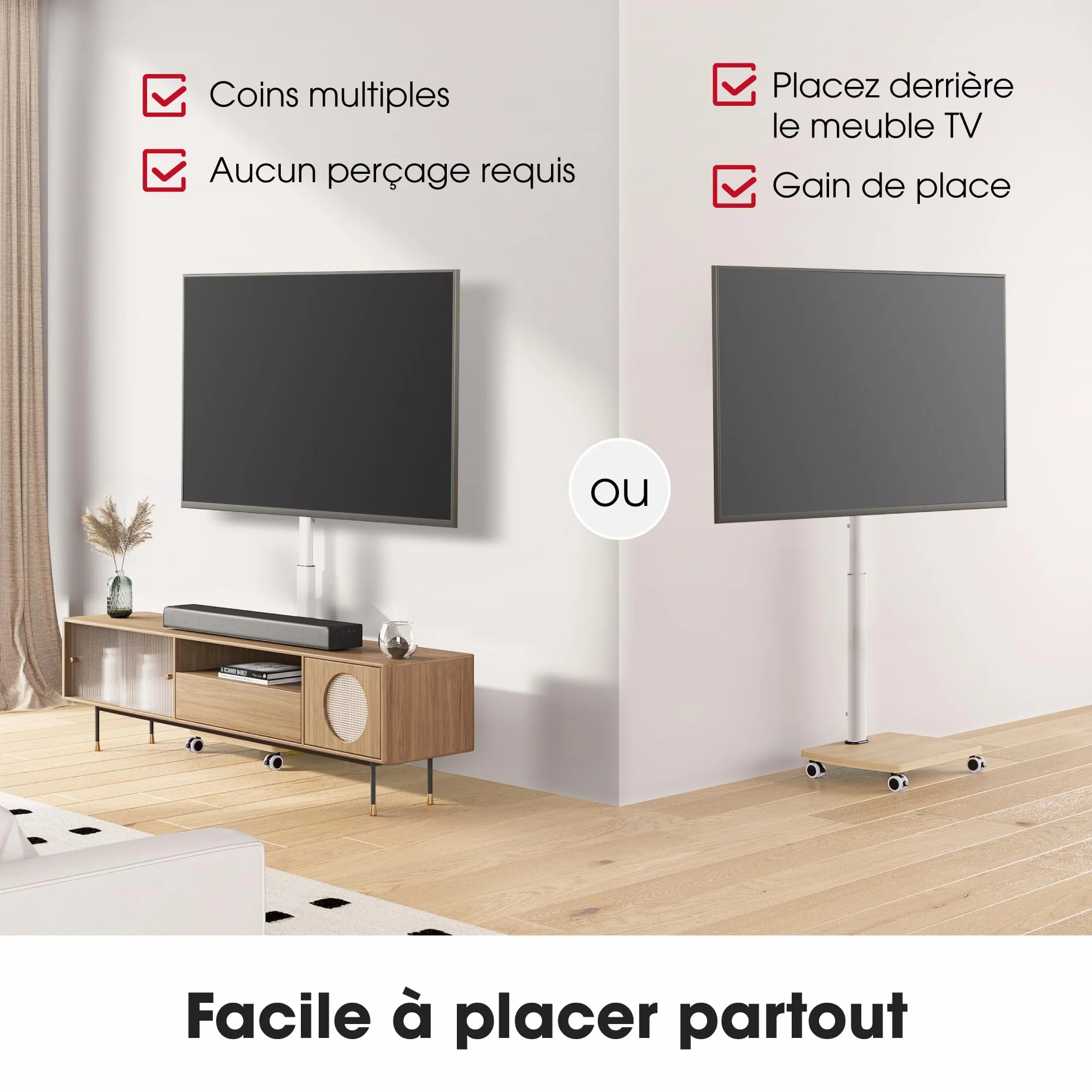 AOKCOS Support TV roulettes pour TV de 32-65 Pouces - Support TV sur Pied Plus Haut 1240 MM-1420 MM Pivotant 60° Inclinaison 12° jusqu'à 40 KG Max. VESA 400x400mm