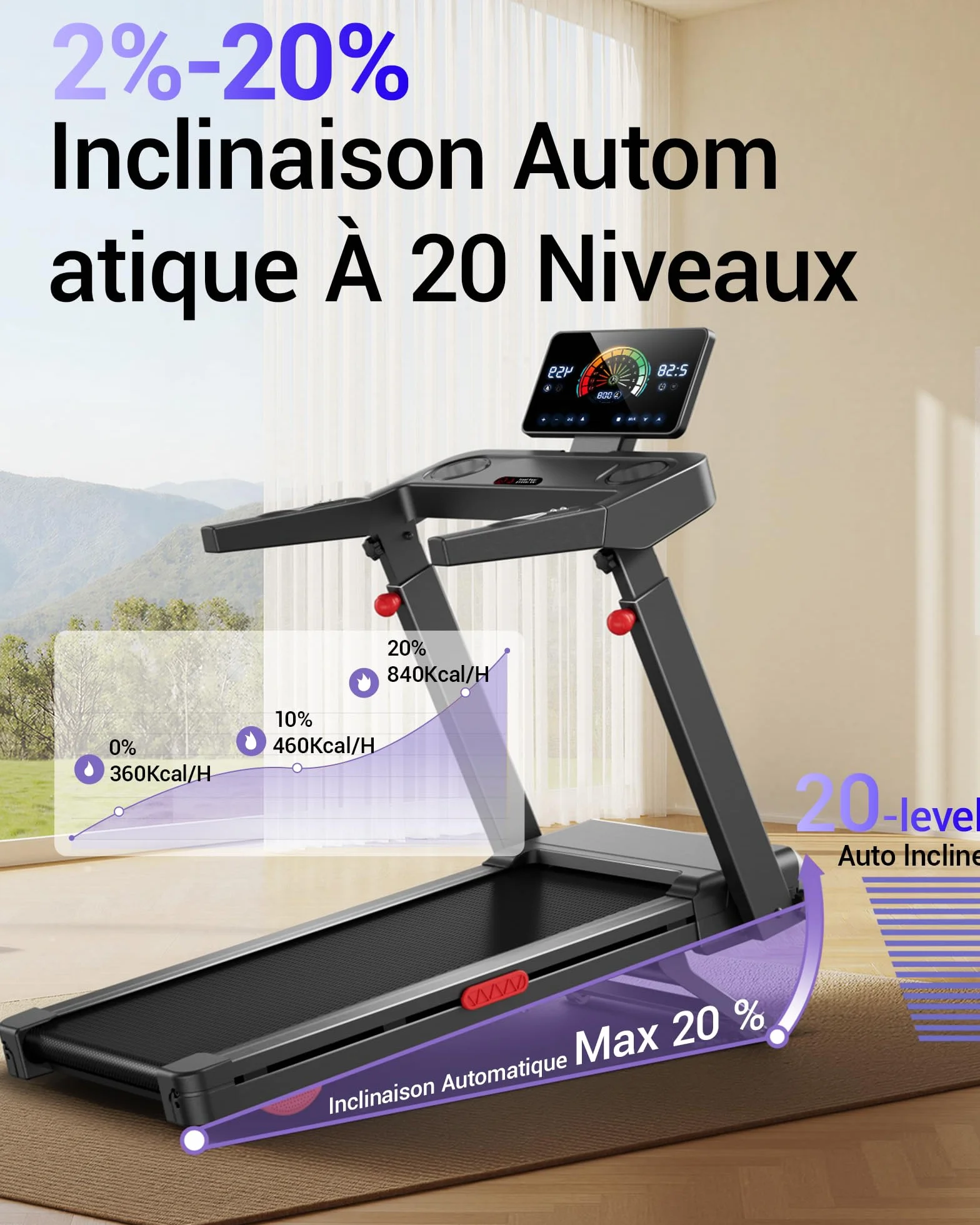 UMAY Tapis de Course avec Inclinaison Automatique 20%, 14KM/H Pliable 3,5CV Treadmill Home Affichage LED Charge Max 180KG