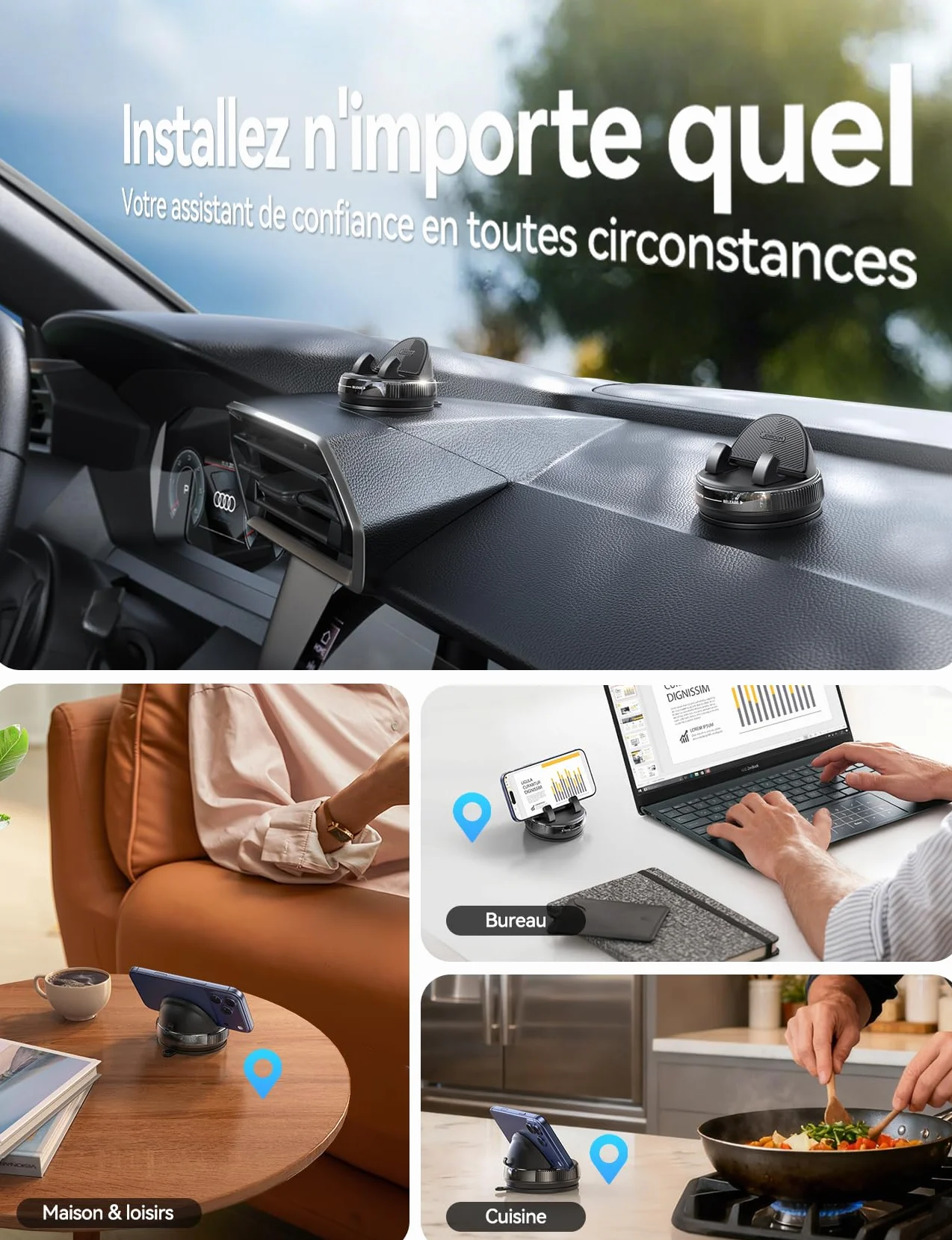 JOYROOM Support Téléphone Voiture Tableau de Bord [Gel & Ventouse] Porte Telephone Voiture Compatible avec Coques jusqu'à 19 mm, Car Phone Holder pour iPhone/Samsung/Google/Android Smartphones