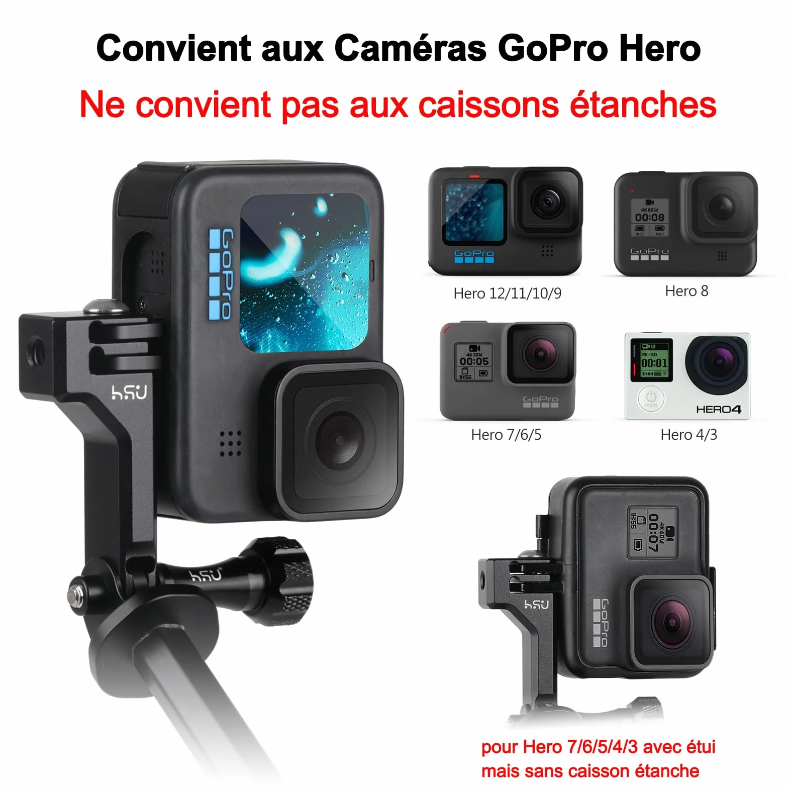 HSU Fixation Vertical pour GoPro, Adaptateur de Montage en Aluminium 90° pour Hero 12/11/10/9/8/7/6/5/4/3 Caméras d'action