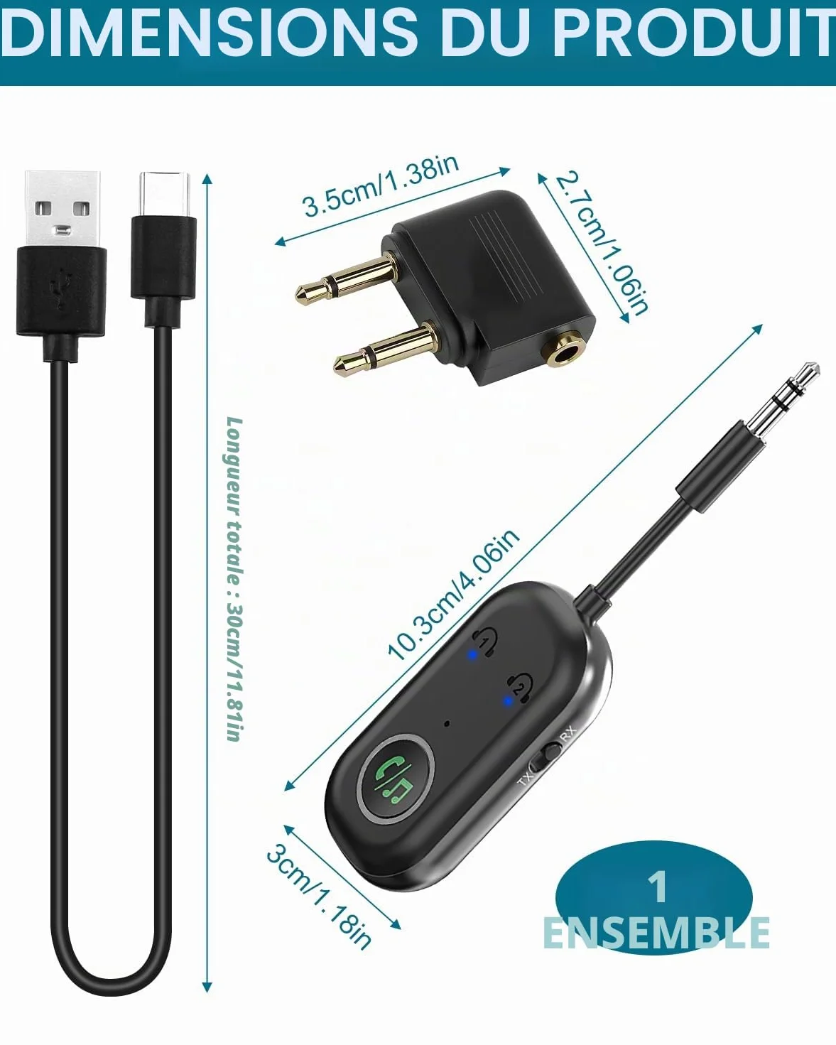 Adaptateur Bluetooth Avion 5.3, Transmetteur Récepteur 2 en 1, 3,5 mm AUX pour TV, Voiture, Casque