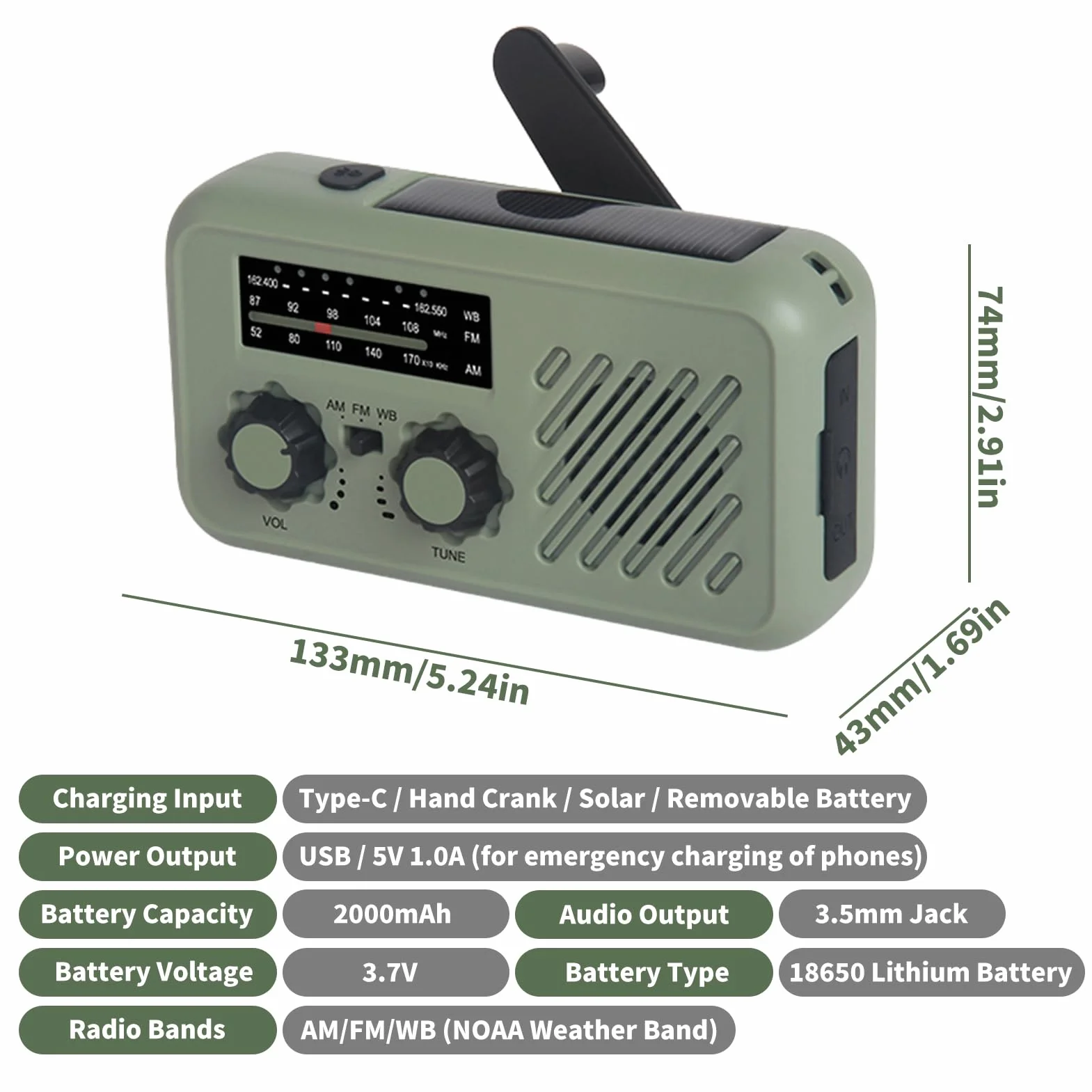 Radio Solaire d'Urgence à Manivelle Auto-alimentée avec Lampe de Poche LED, Alarme SOS, AM/FM, Météo Wind Up, Charge Smartphone USB