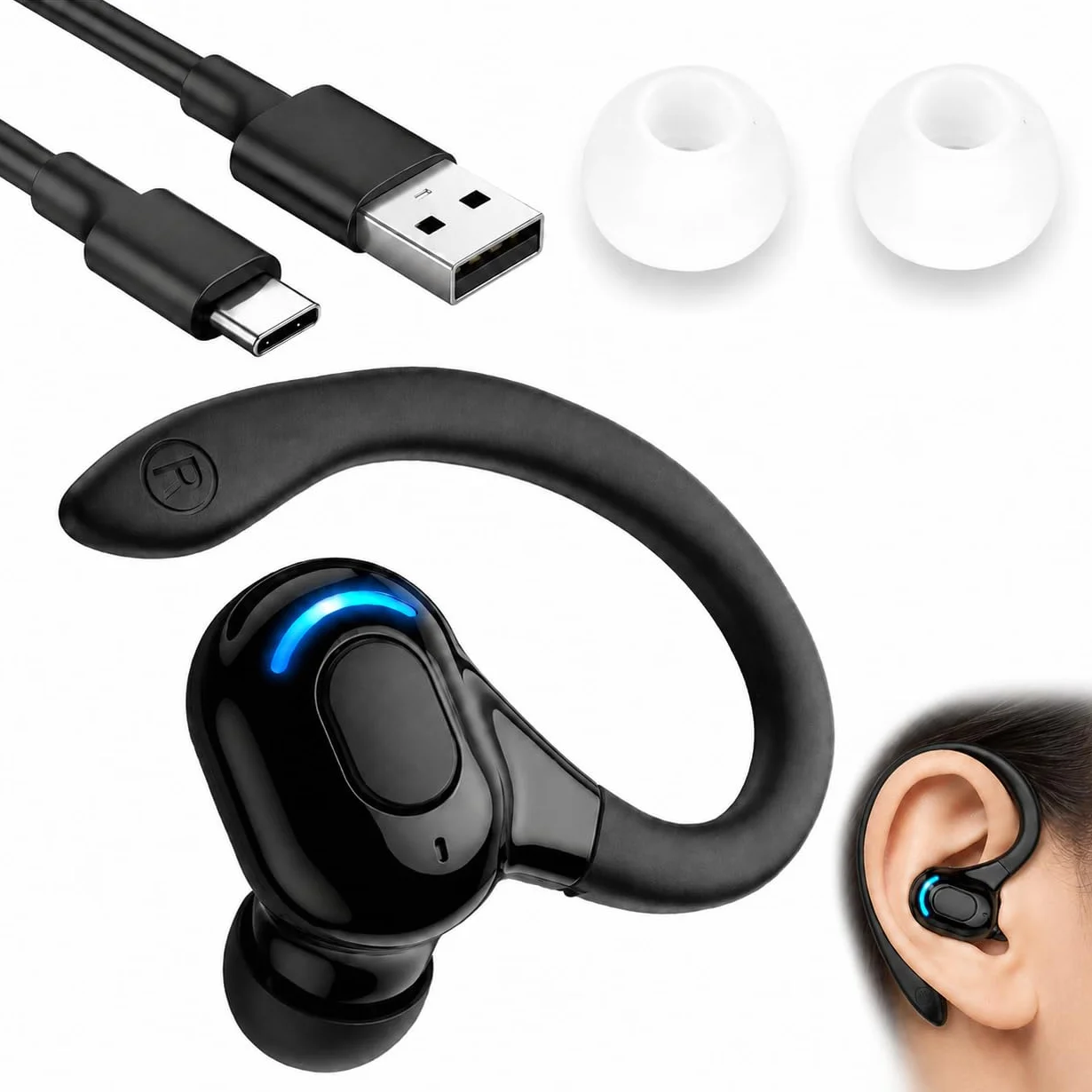 Oreillette Bluetooth Sans Fil V5.2 avec Micro Intégré, Écouteur Mono Main Libre Bluetooth, Tour d’Oreille 360°, Réduction de Bruit, 20 h d’Autonomie, Compatible avec iPhone, Android, Conduite, Sport