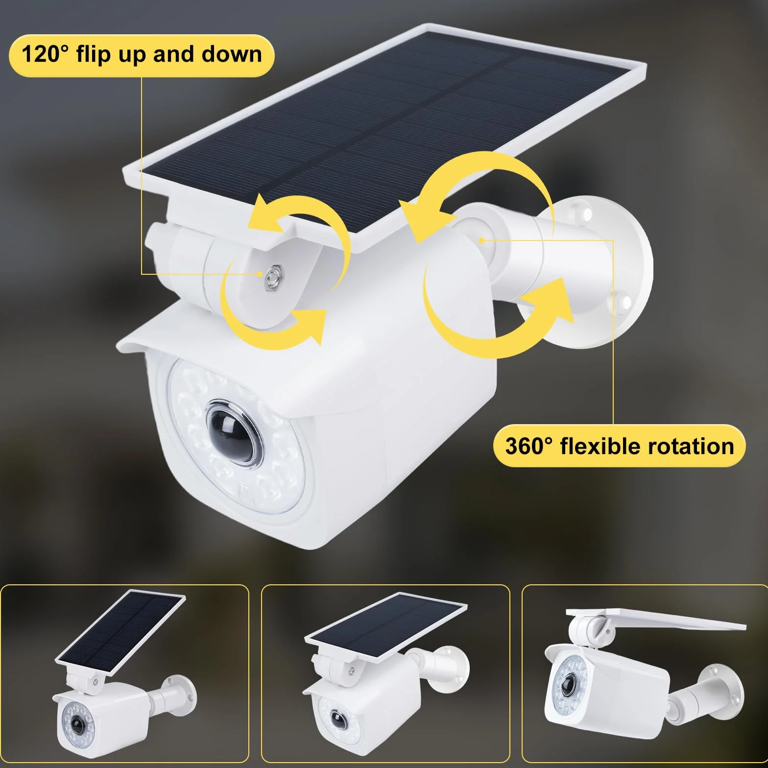 Lampes solaires d'extérieur avec détecteur de mouvement Lampes solaires LED avec caméra factice Caméra de surveillance factice 360° Panneau solaire pivotant à 120° 5V/1.5W 2200mAh IP65 Blanc.