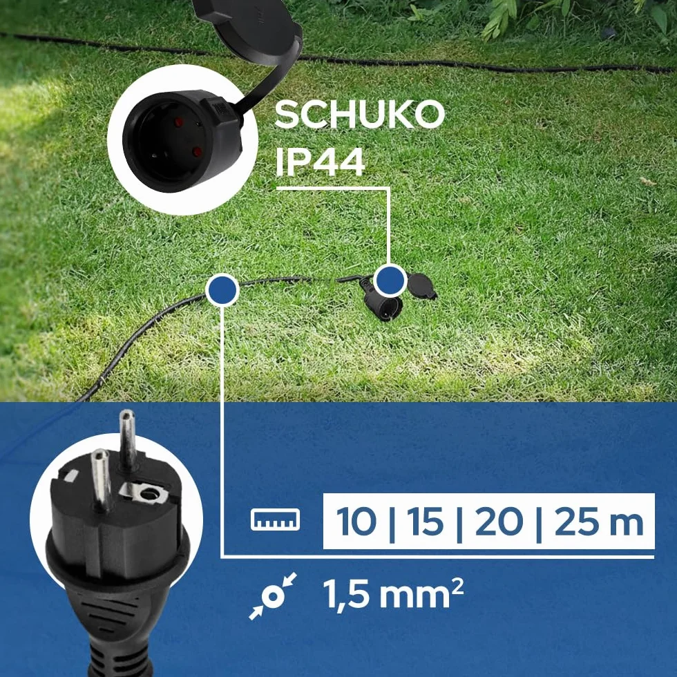 Rallonge Électrique Extérieure 10m IP44 3×1,5 mm² 2000W Noir - Câble Prolongateur Étanche avec Fiche Uni-Schuko et Prise Type F avec Clapet - Rallonge pour Tondeuse, Jardin, Chantier - Horoz Electric