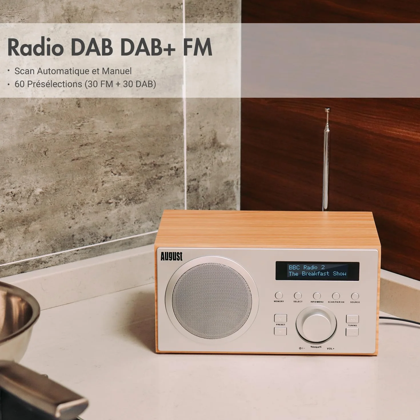 August MB420 Radio Dab Bluetooth, Radio Dab+/FM Numérique avec Double Réveil, 60 Présélections, Haut-Parleur HiFi 5W, Minuterie Sommeil, Snooze, USB & Entrée/Sortie AUX, Secteur pour Cuisine & Maison