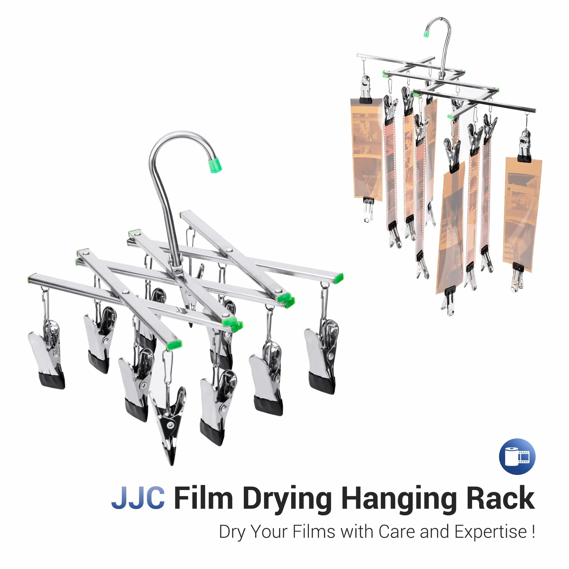 JJC Séchoir à film en acier inoxydable pour 120 films de 35 mm avec 10 clips, support de film en acier inoxydable pour films de 135, 120, 4 x 5, cadre pliable, résistant au vent, pas de rayures