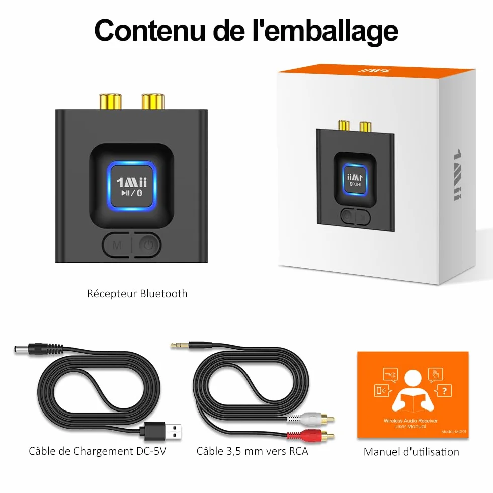 1Mii ML201 Récepteur Bluetooth 5.1, Modernisez Votre Ancien Système Audio | Adaptateur Bluetooth 3,5mm/RCA, Streaming Hi-Fi sans Fil depuis Mobile/Tablette vers Enceinte Filaire, 12H Lecture, Mode Bass