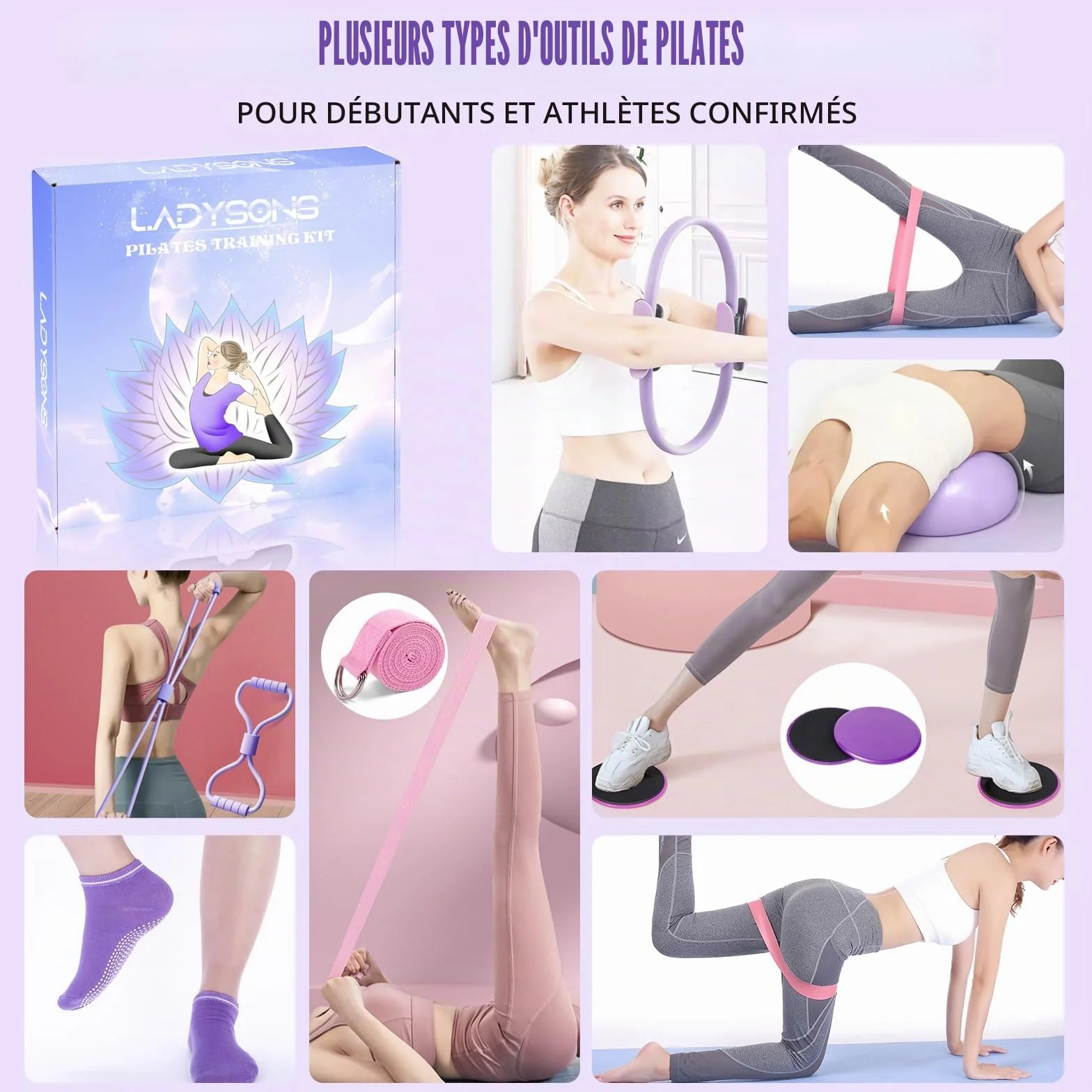 Ensemble d'anneaux de Pilates Kit essentiel avec cercle magique 32 cm, balle, bandes, disques glissants et poster d'entraînement