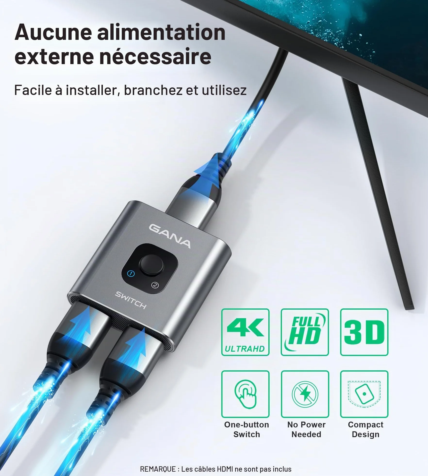 GANA Commutateur HDMI 4K 60Hz Splitter Aluminium Bi-Directionnel 2 Entrées 1 Sortie